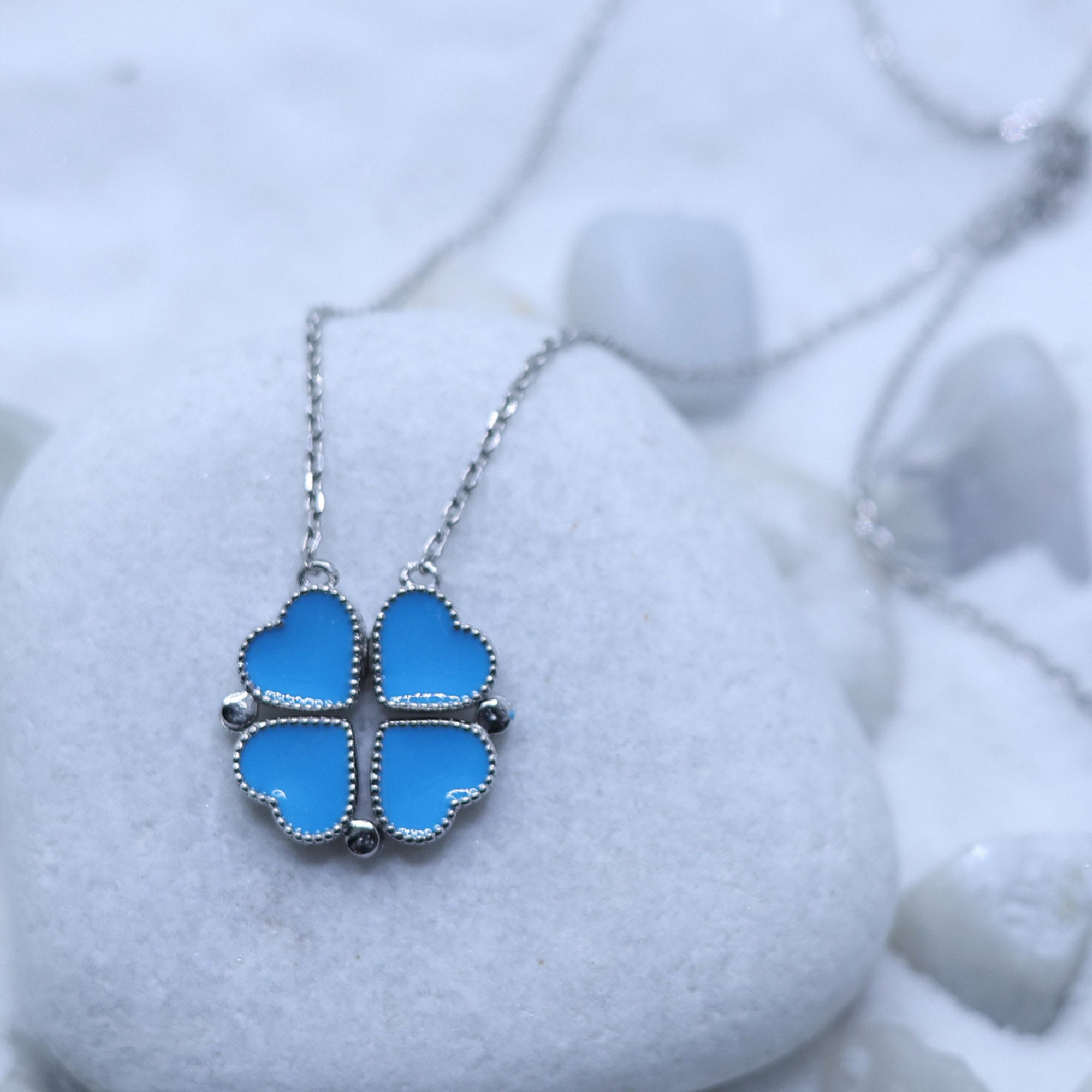 Blue Enamel Heart Clover Pendant