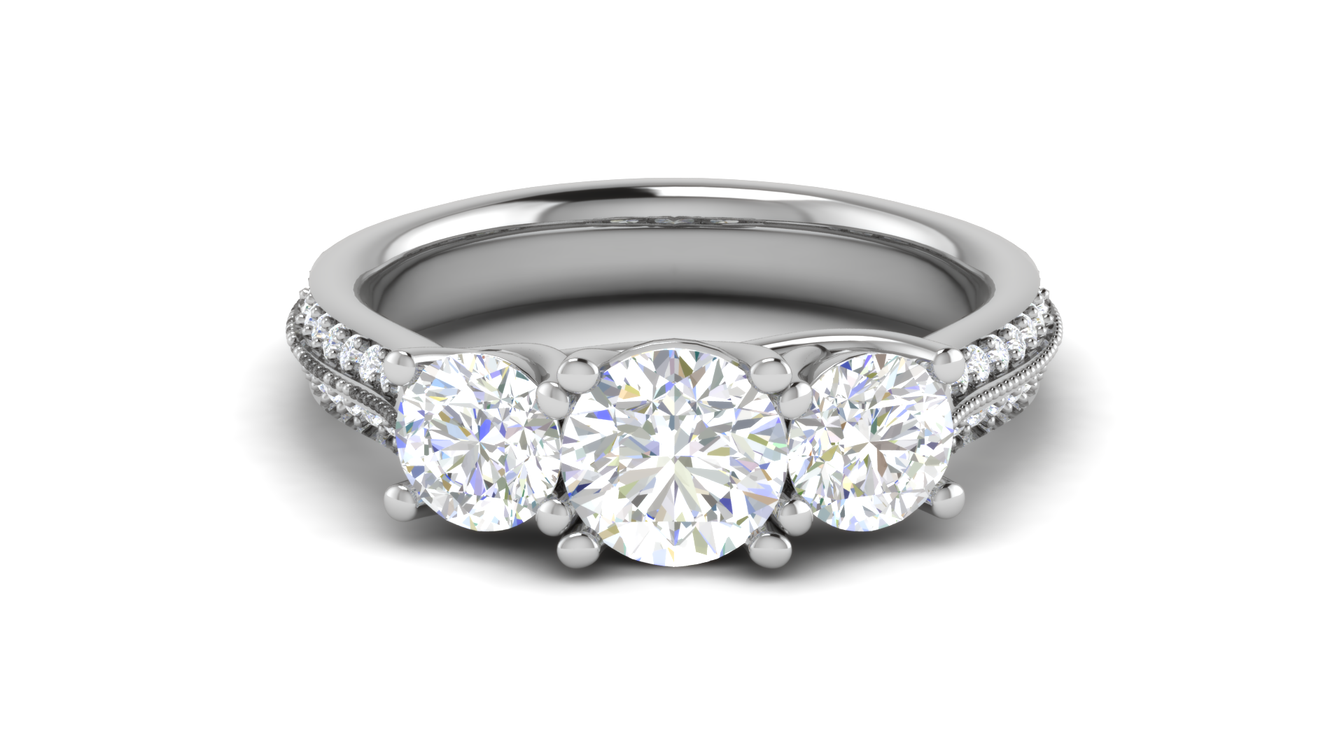 Triple Round Cut Diamond White Gold Adjustable Silver Pave Ring For Women