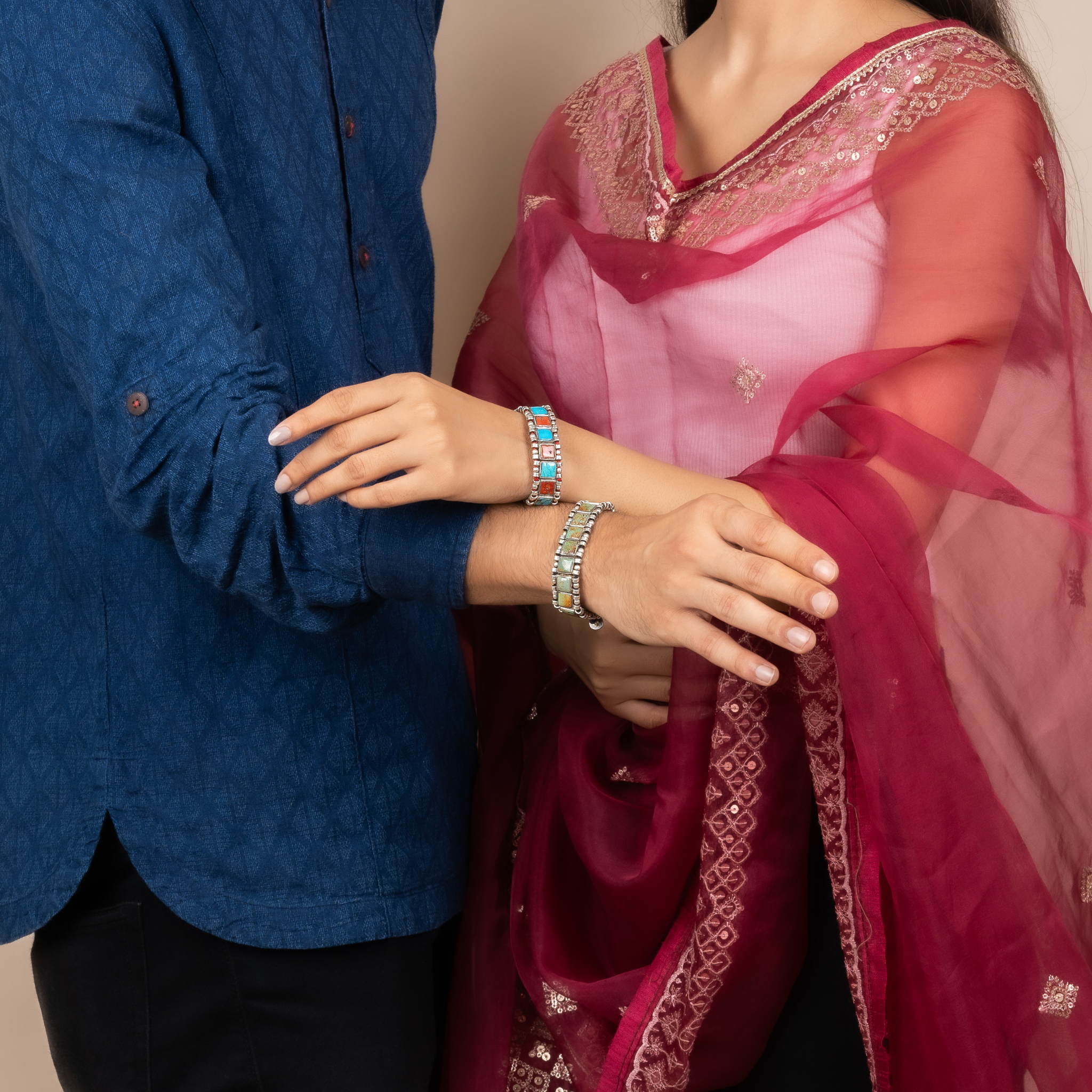 Stunning Square Coral with Turquoise Silver Rakhi / Friendship Band