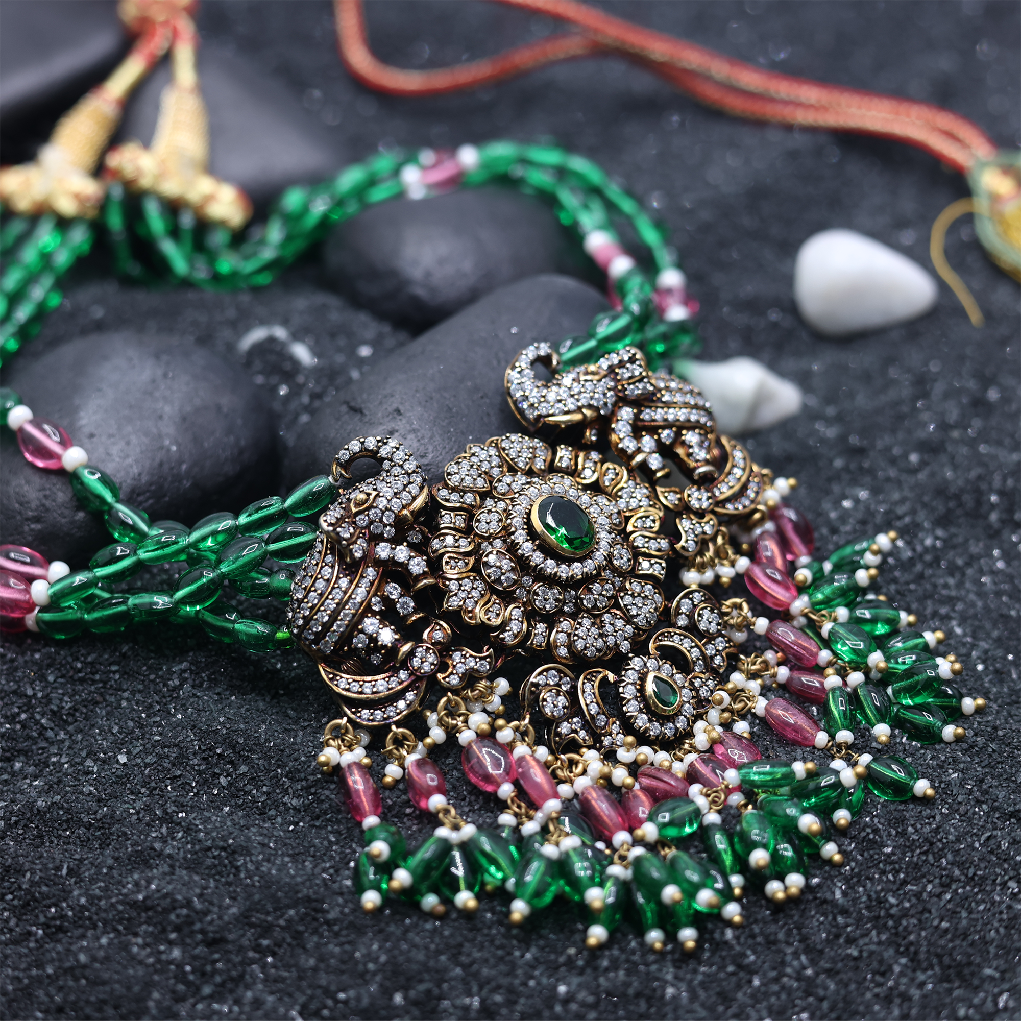 Vintage Maharani Emerald Elephant Necklace