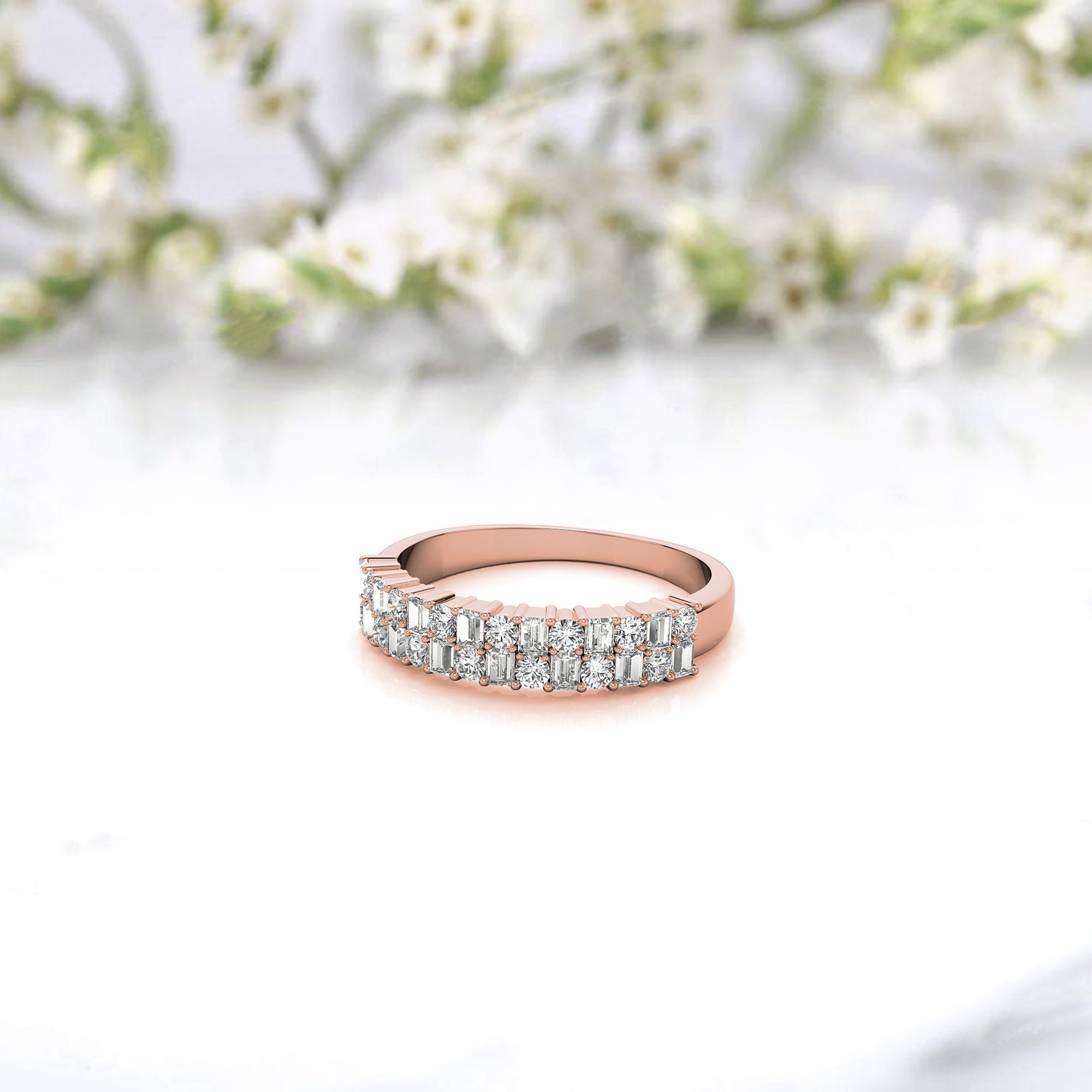 Sterling Silver Unique Adjustable Dual-Row Baguette and Round Diamond Rose Gold Band For Women