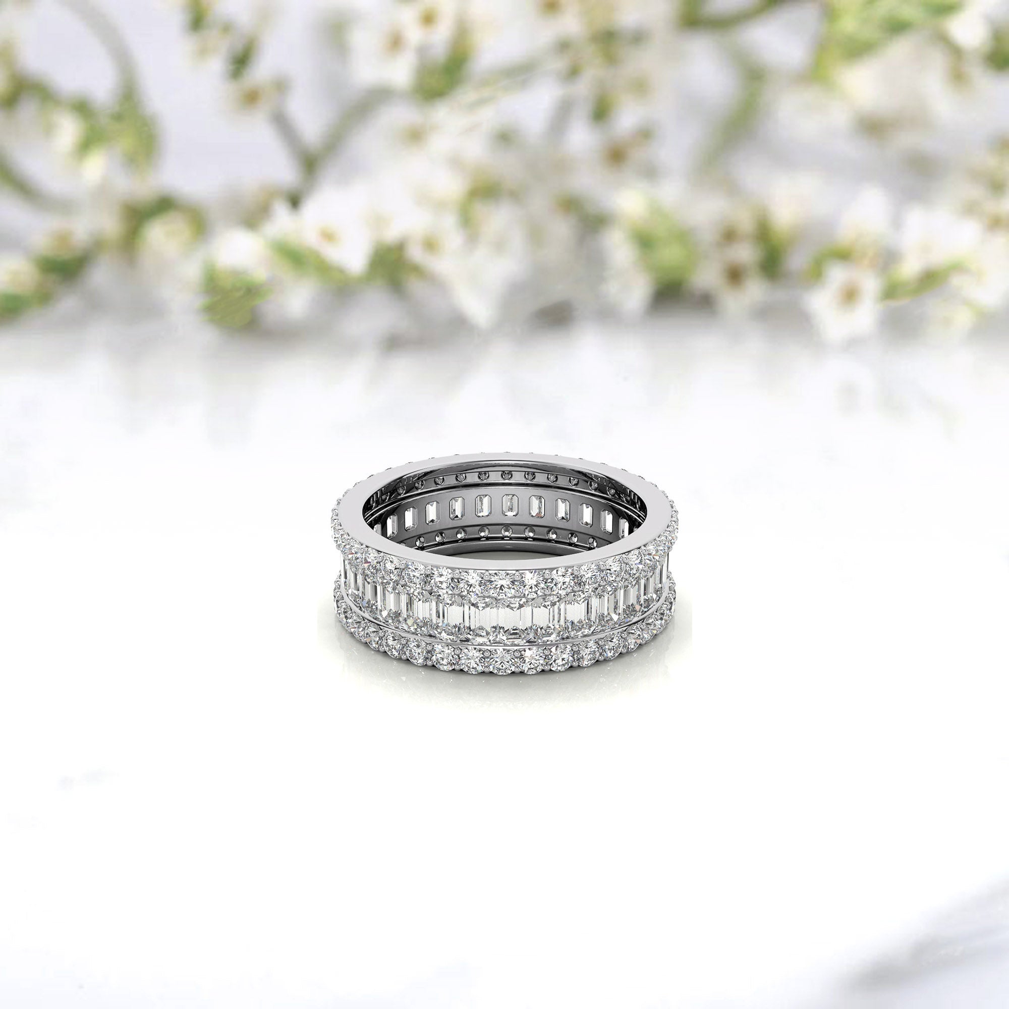 Three Tier Round and Emerald Cut Diamond White Gold Sparkling Sterling Silver Luxury Eternity Band For Women