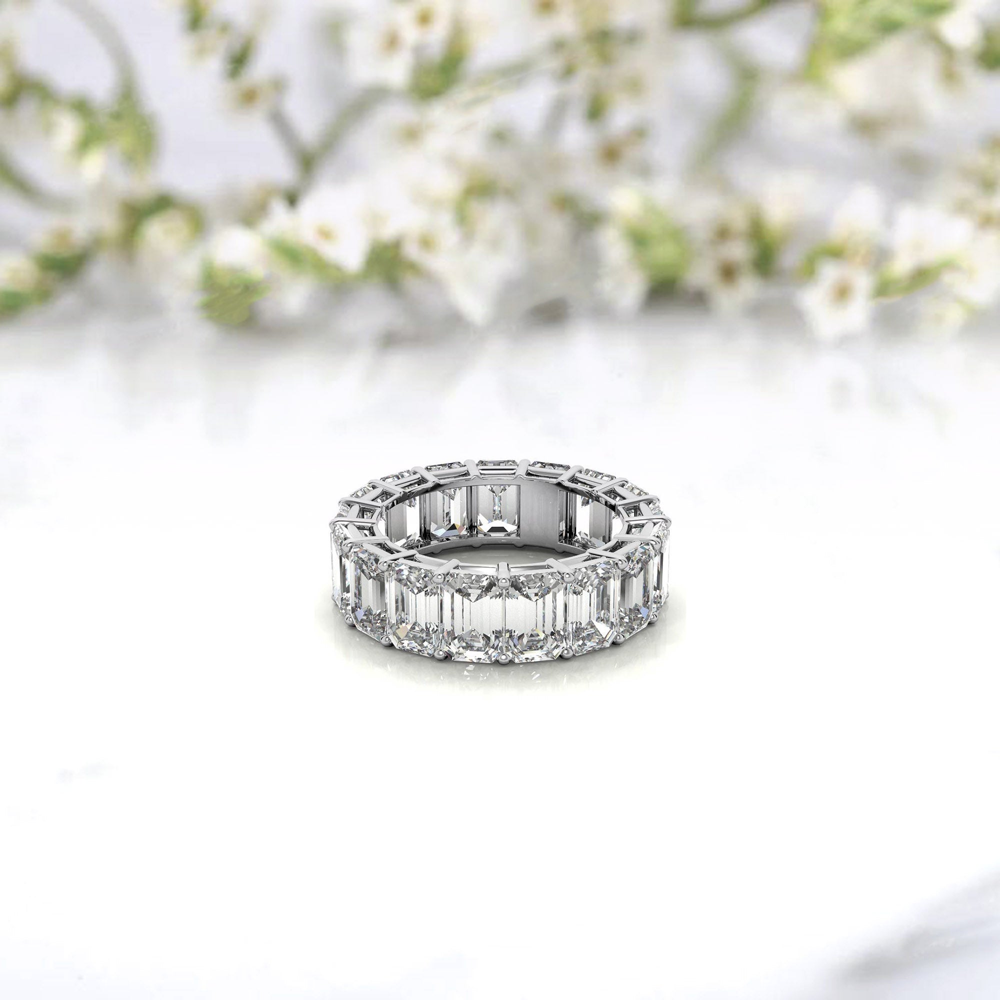 Sterling Silver Elegant And Luxurious Emerald-Cut Diamond White Gold Eternity Band For Women