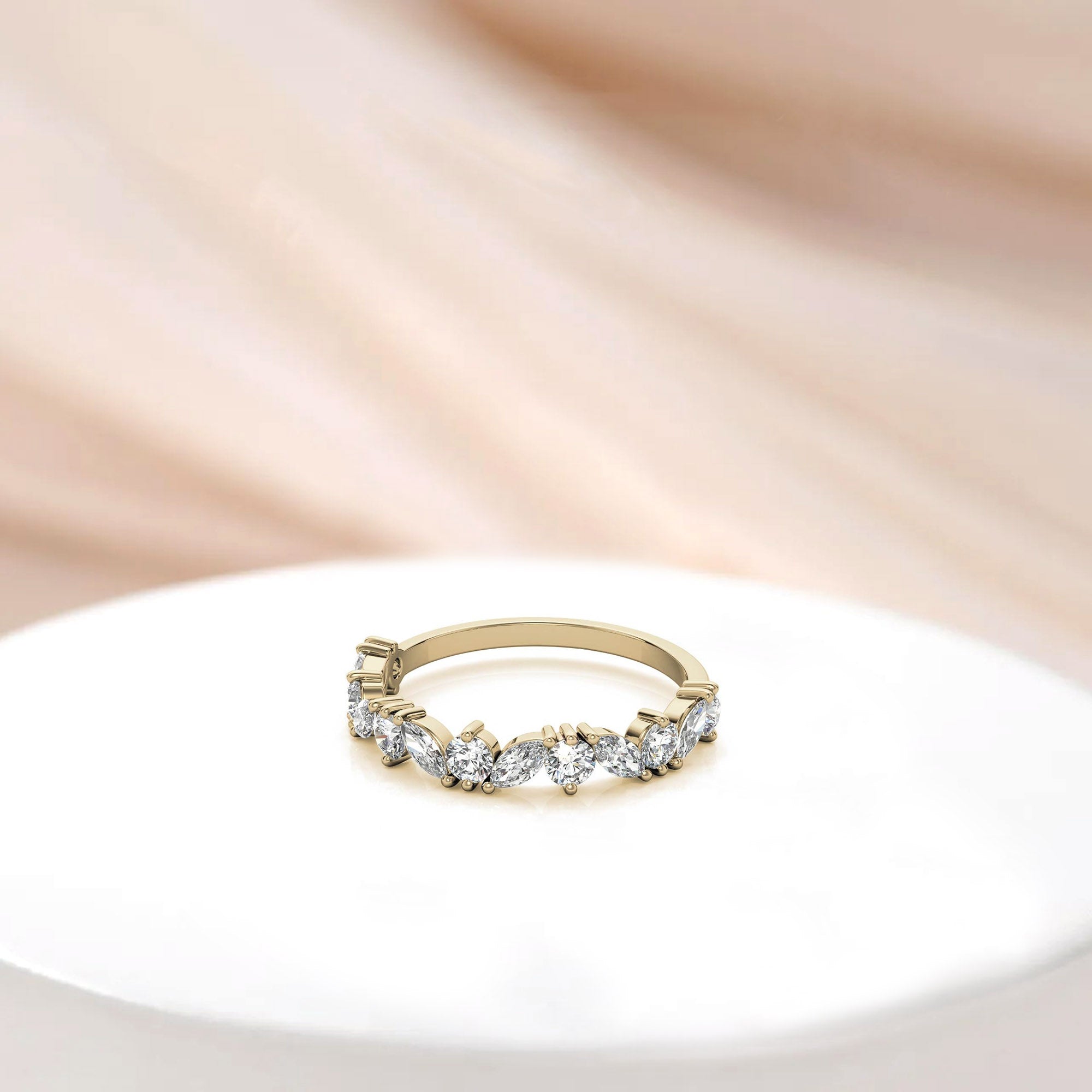 Adjustable Sterling Silver Timeless Elegant Marquise and Round Cut Diamond Yellow Gold Band For Women