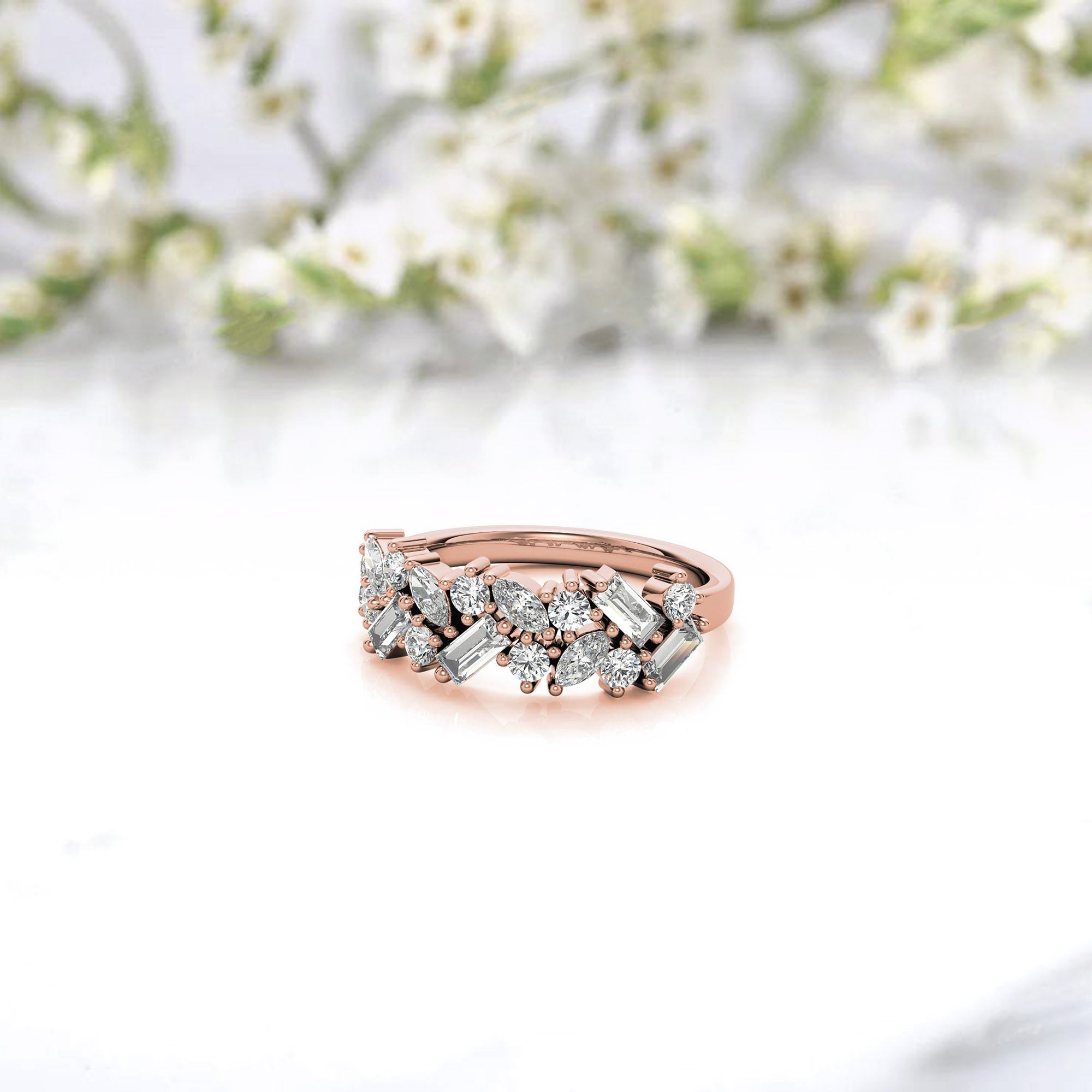 Sterling Silver Elegant Unique Adjustable Multi-Cut Diamond Cluster Rose Gold Ring For Women