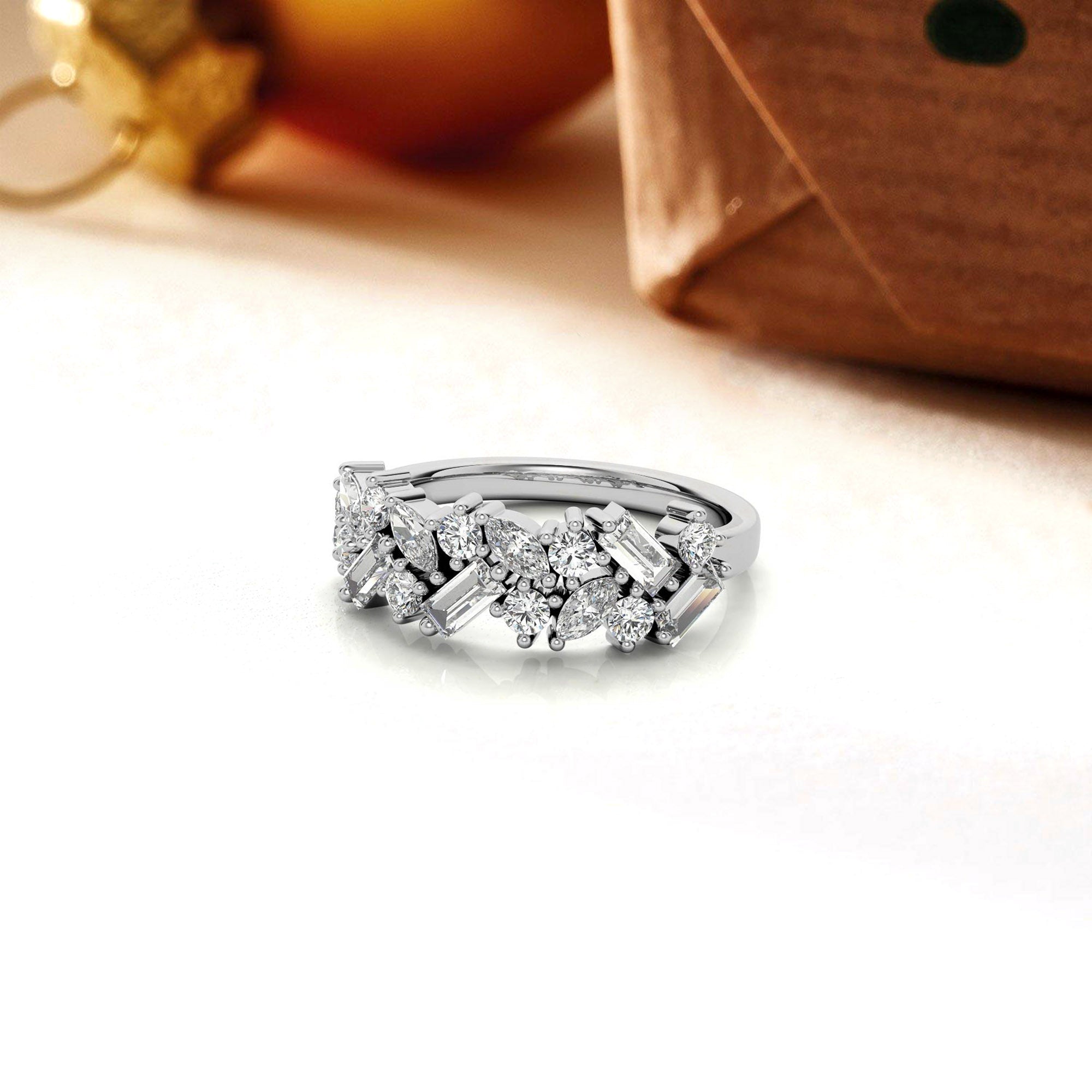 Sterling Silver Elegant Unique Adjustable Multi-Cut Diamond Cluster White Gold Ring For Women