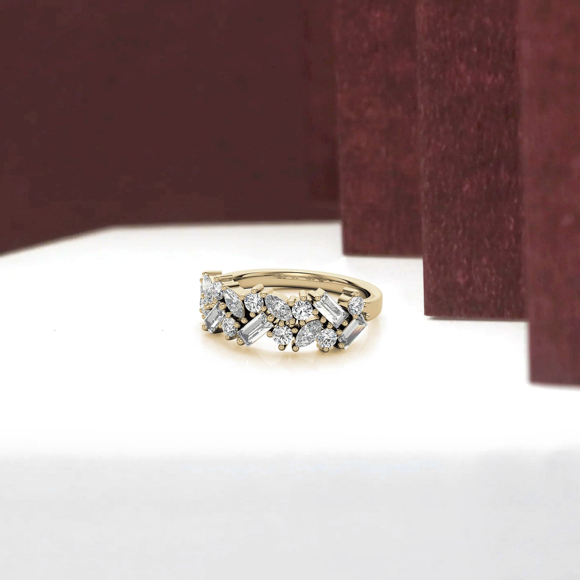 Sterling Silver Elegant Unique Adjustable Multi-Cut Diamond Cluster Yellow Gold Ring For Women