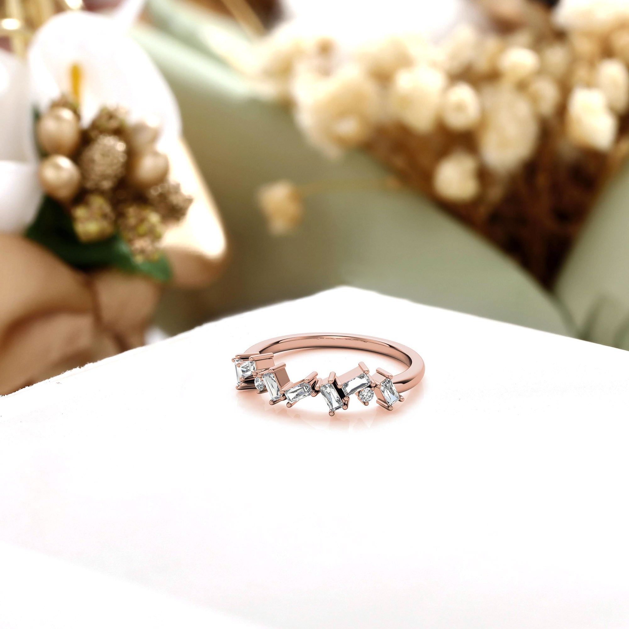 Adjustable Sterling Silver Unique Rose Gold Asymmetrical Baguette and Round-Cut Diamond Ring For Women
