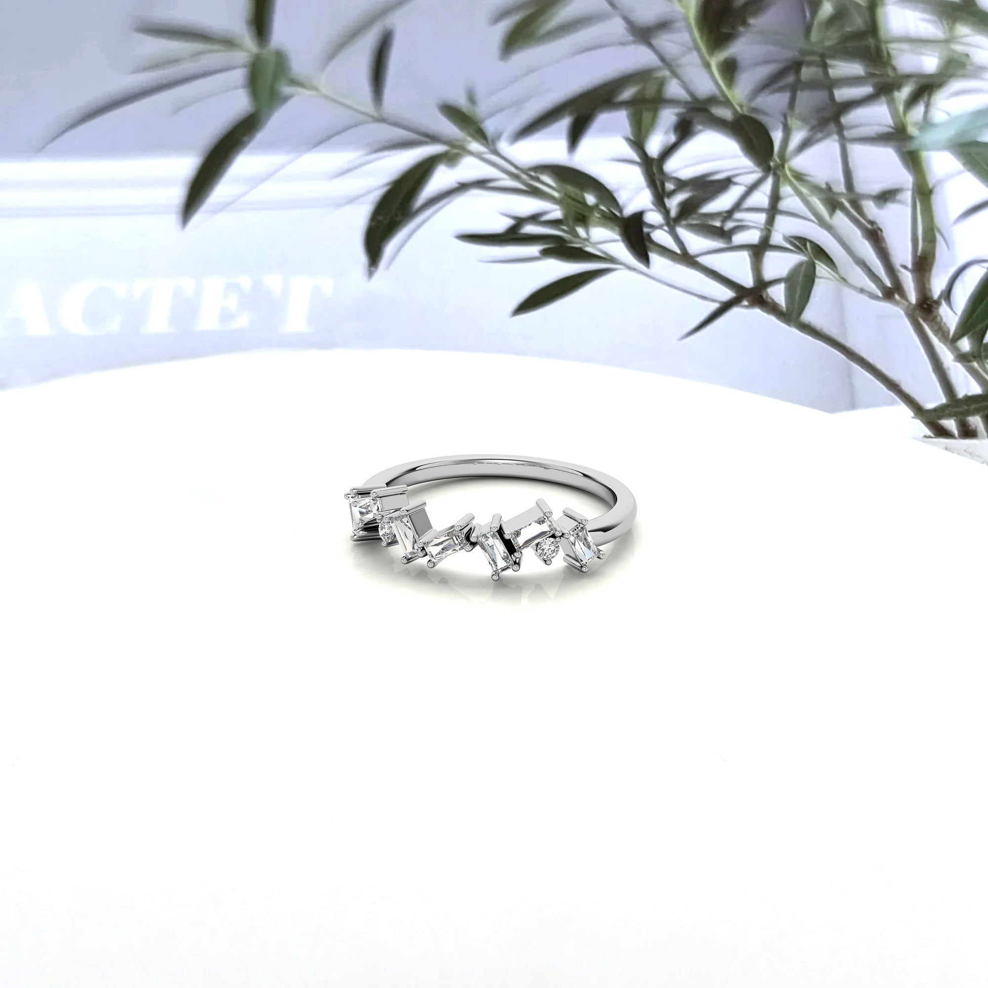 Adjustable Sterling Silver Unique White Gold Asymmetrical Baguette and Round-Cut Diamond Ring For Women