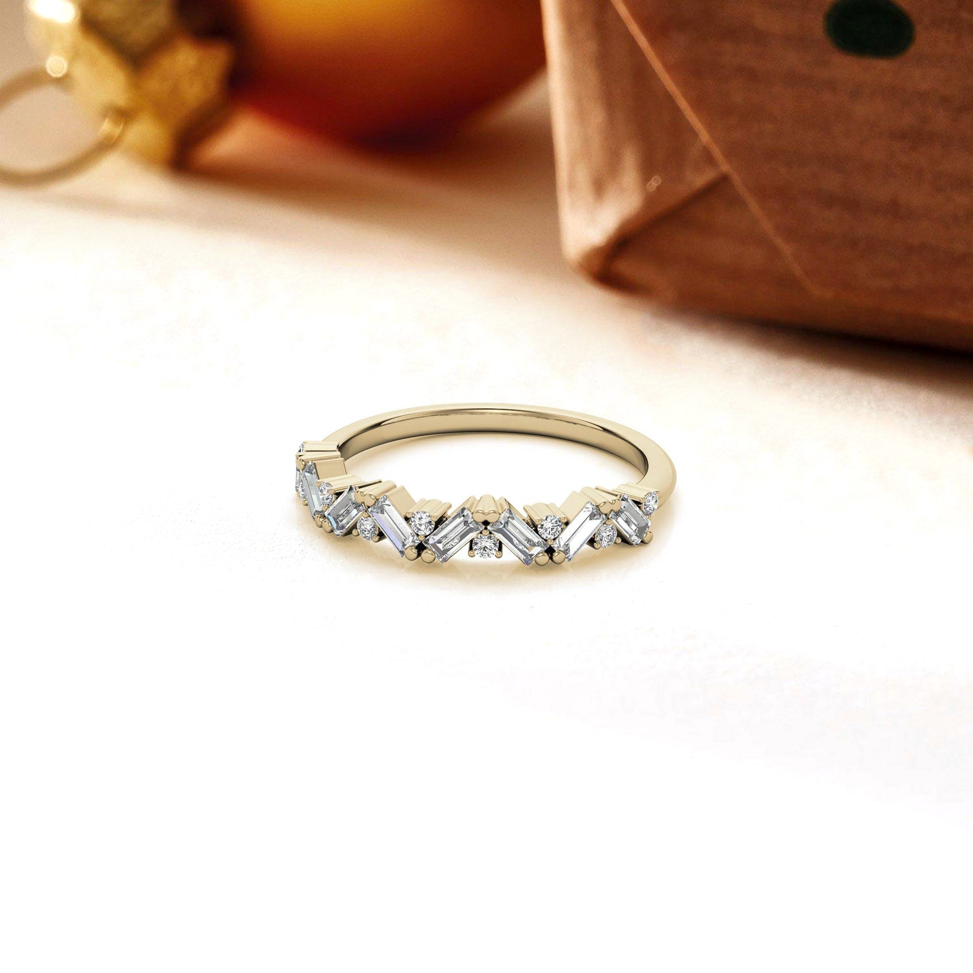 Zigzag Baguette and Round-Cut Diamond Yellow Gold Adjustable Sterling Silver Radiant Ring For Women