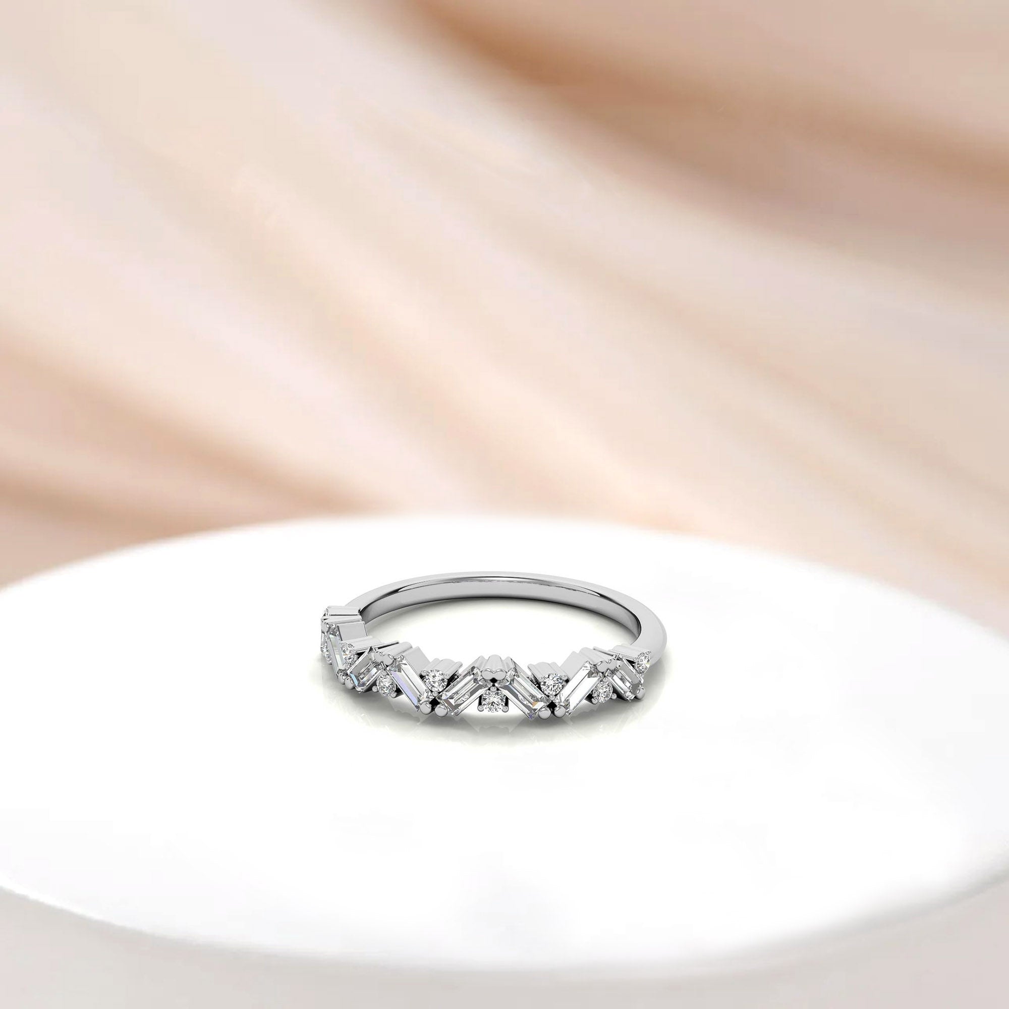 Zigzag Baguette and Round-Cut Diamond White Gold Adjustable Sterling Silver Radiant Ring For Women