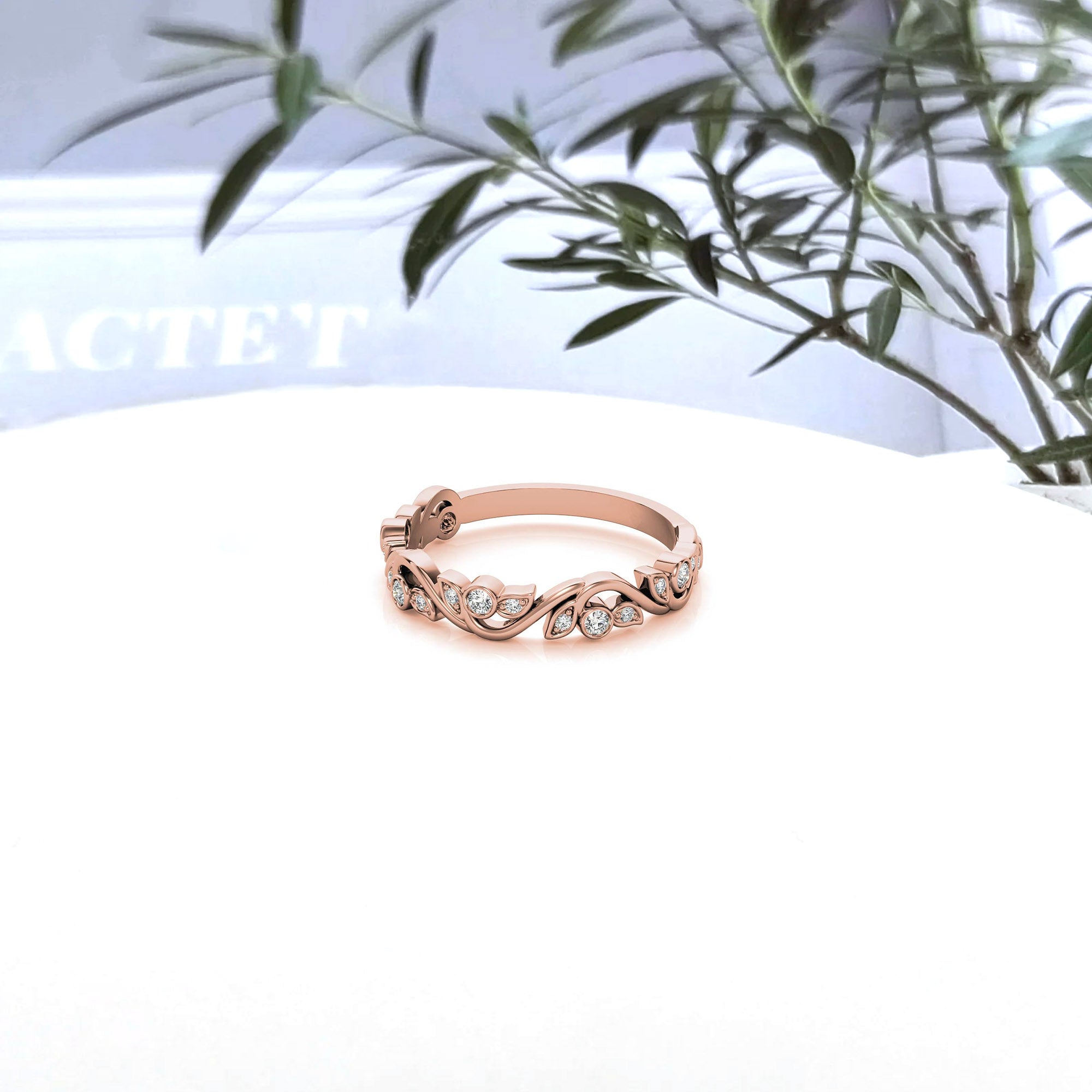 Adjustable Sterling Silver Stunning Rose Gold Floral-Inspired with Leaf Motif Diamond Ring For Women