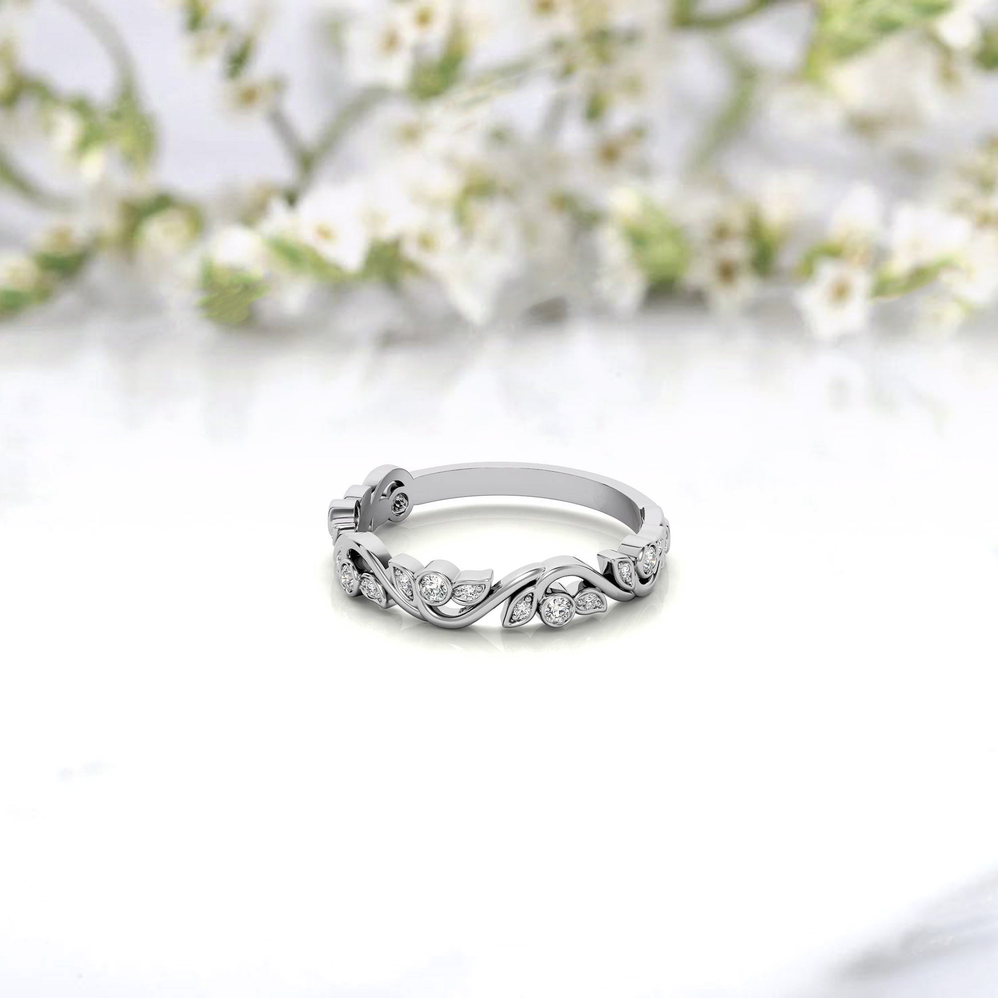 Adjustable Sterling Silver Stunning White Gold Floral-Inspired With Leaf Motif Diamond Ring For Women