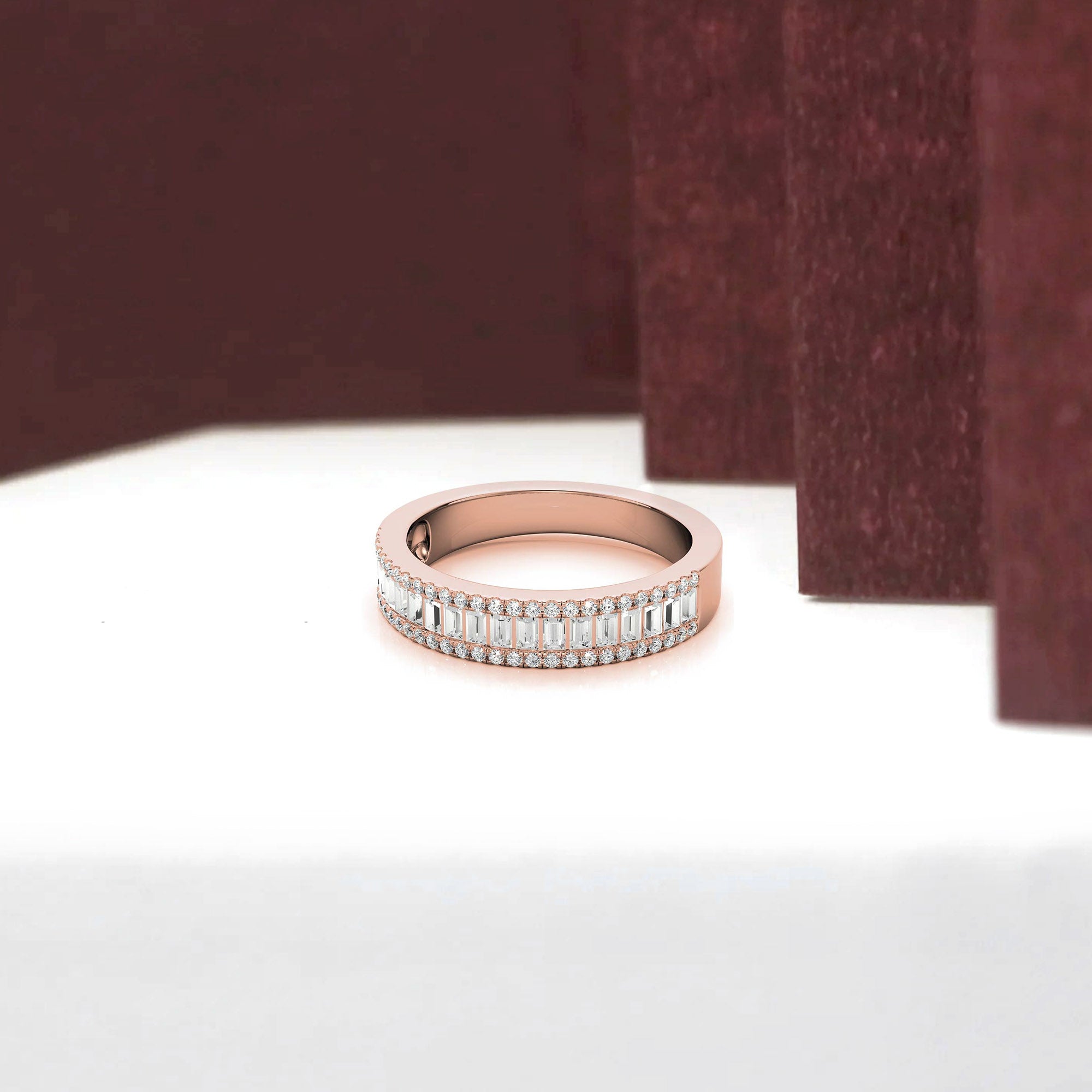 Adjustable Sterling Silver Elegant Rose Gold Baguette and Round Diamond Band For Women