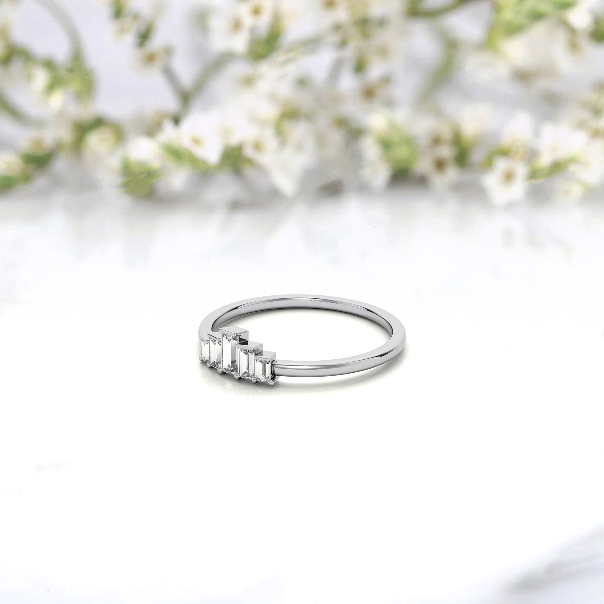 Adjustable Sterling Silver Unique White Gold Geometric Baguette-Cut Diamond Ring For Women