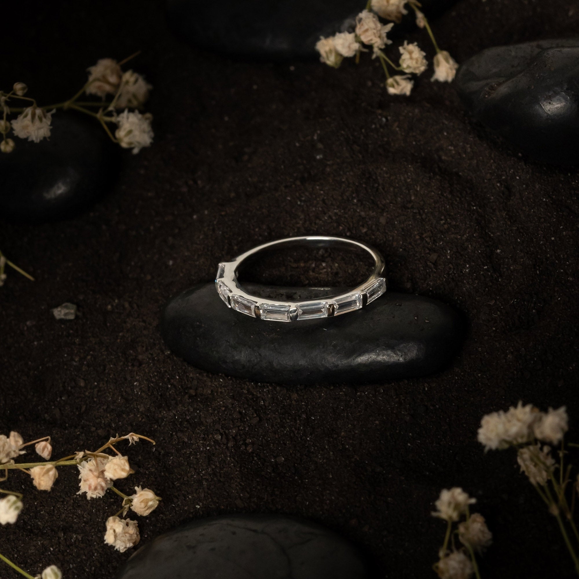 Baguette-Cut Diamond White Gold Adjustable Sterling Silver Luxury Eternity Ring For Women