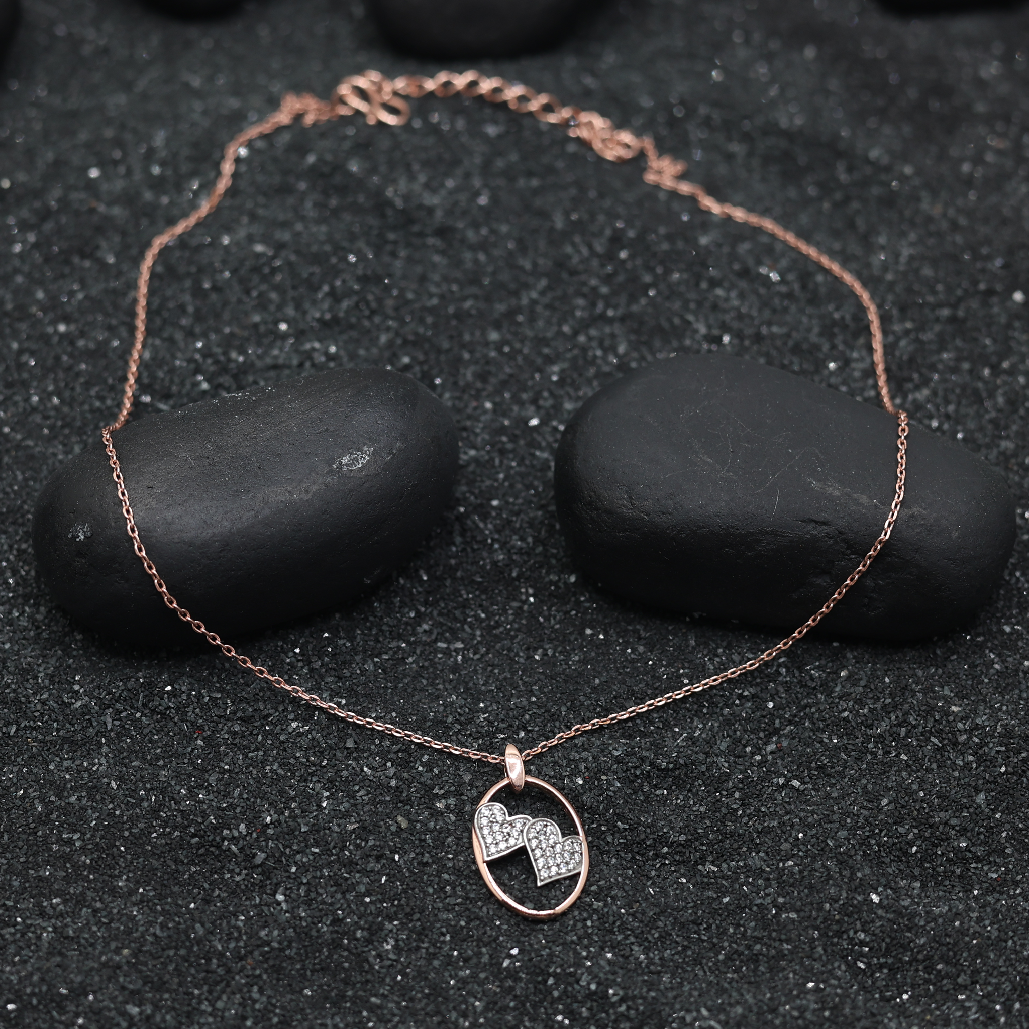 Silver Oval Adjustable Dual Heart Rose Gold Pendant For Women