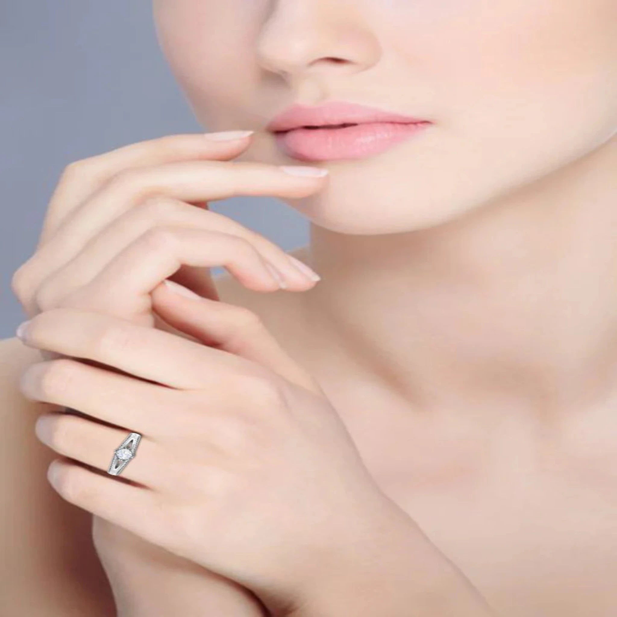 White Gold Adjustable Silver Open Split Shank Bridal Round Cut Ring For Woman