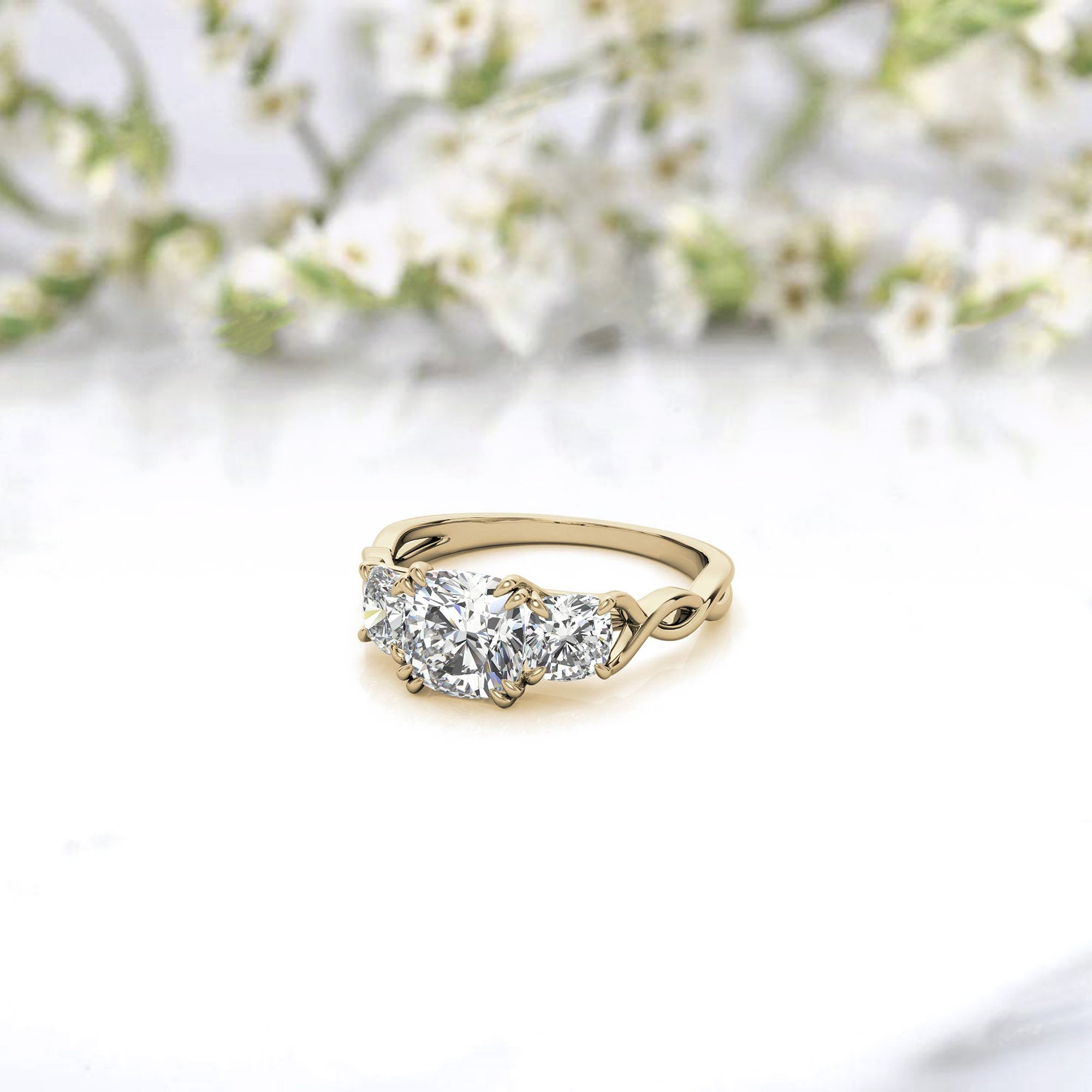 Three-Stone Cushion-Cut Yellow Gold Adjustable Sterling Silver  Engagement Ring For Women