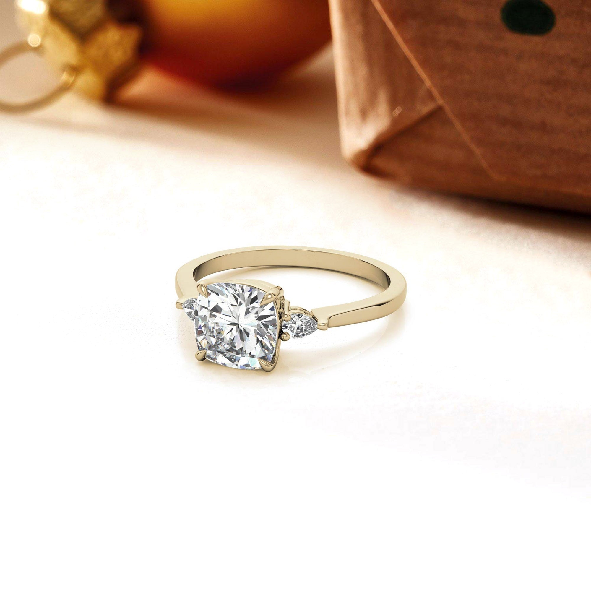 Sterling Silver Cushion-Cut With Two Pear-Shaped Adjustable Engagement Yellow Gold Ring For Woman
