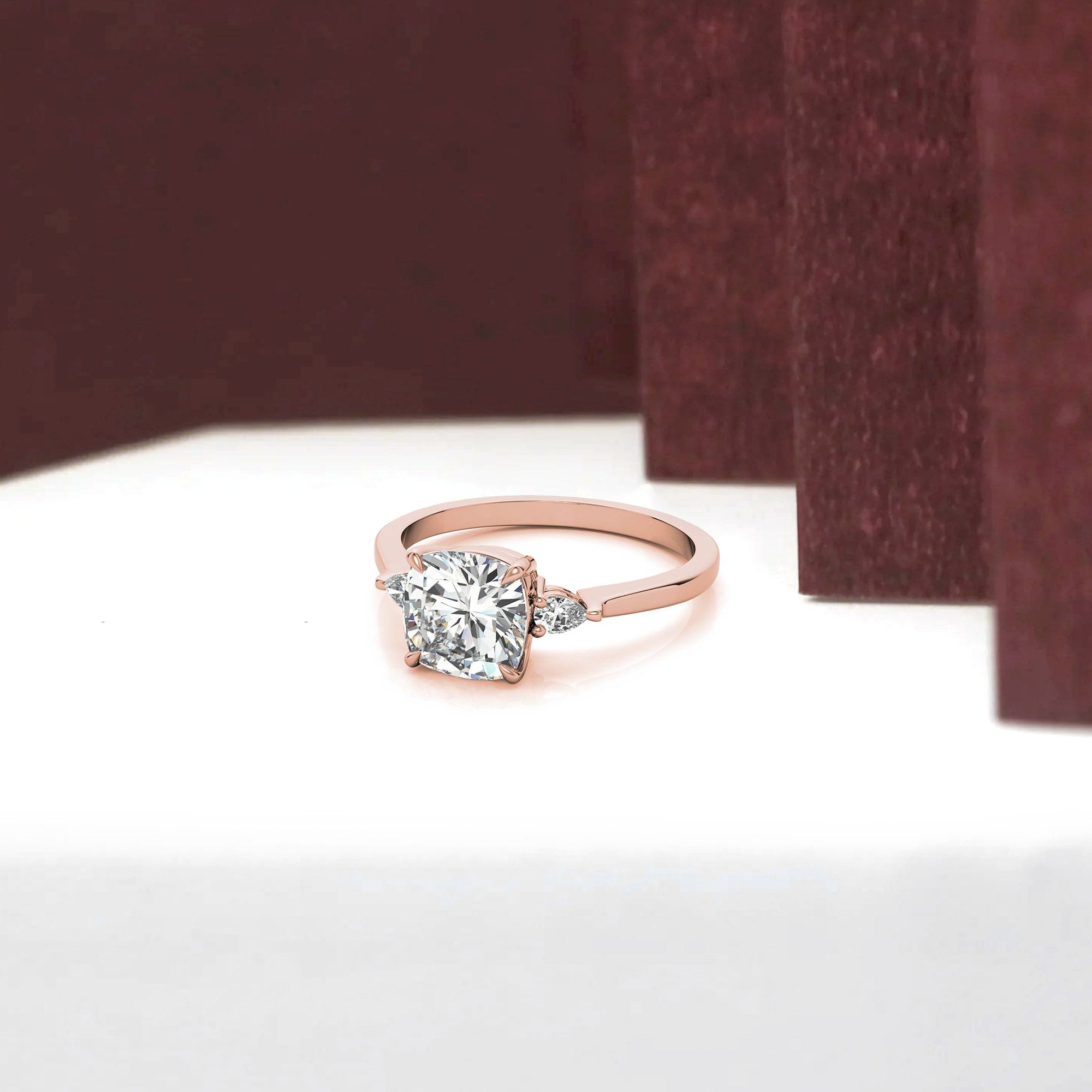 Sterling Silver Cushion-Cut With Two Pear-Shaped  Adjustable Engagement Rose Gold Ring For Woman
