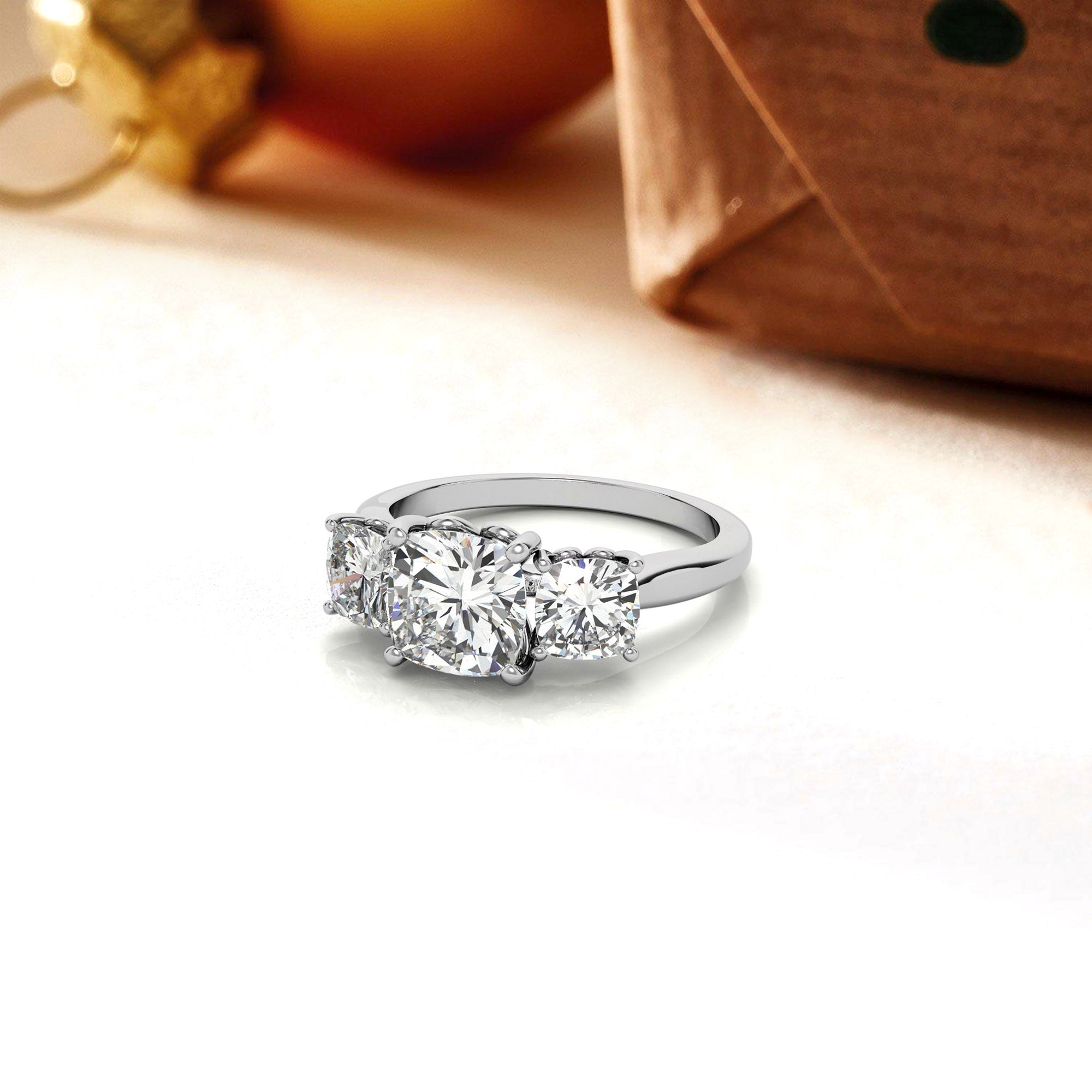 Adjustable  Engagement Sterling Silver White Gold Trio Cushion-Cut Ring For Woman