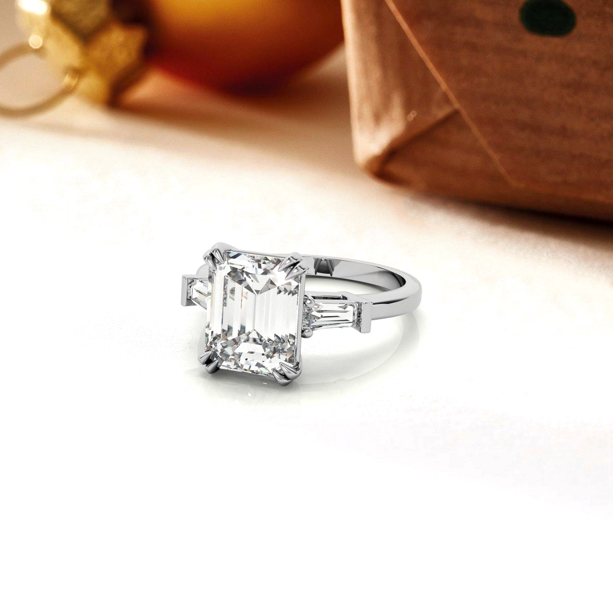 Adjustable Engagement Sterling Silver White Gold Three-Stone Emerald-Cut with Baguette Ring For Woman
