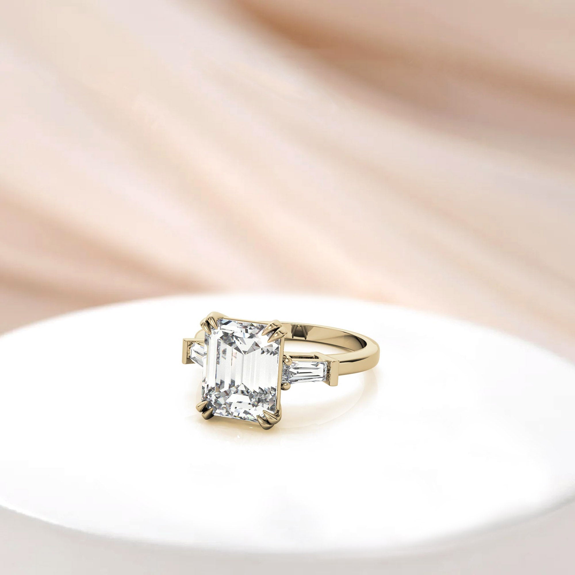 Adjustable Engagement Sterling Silver Yellow Gold Three-Stone Emerald-Cut with Baguette Ring For Woman