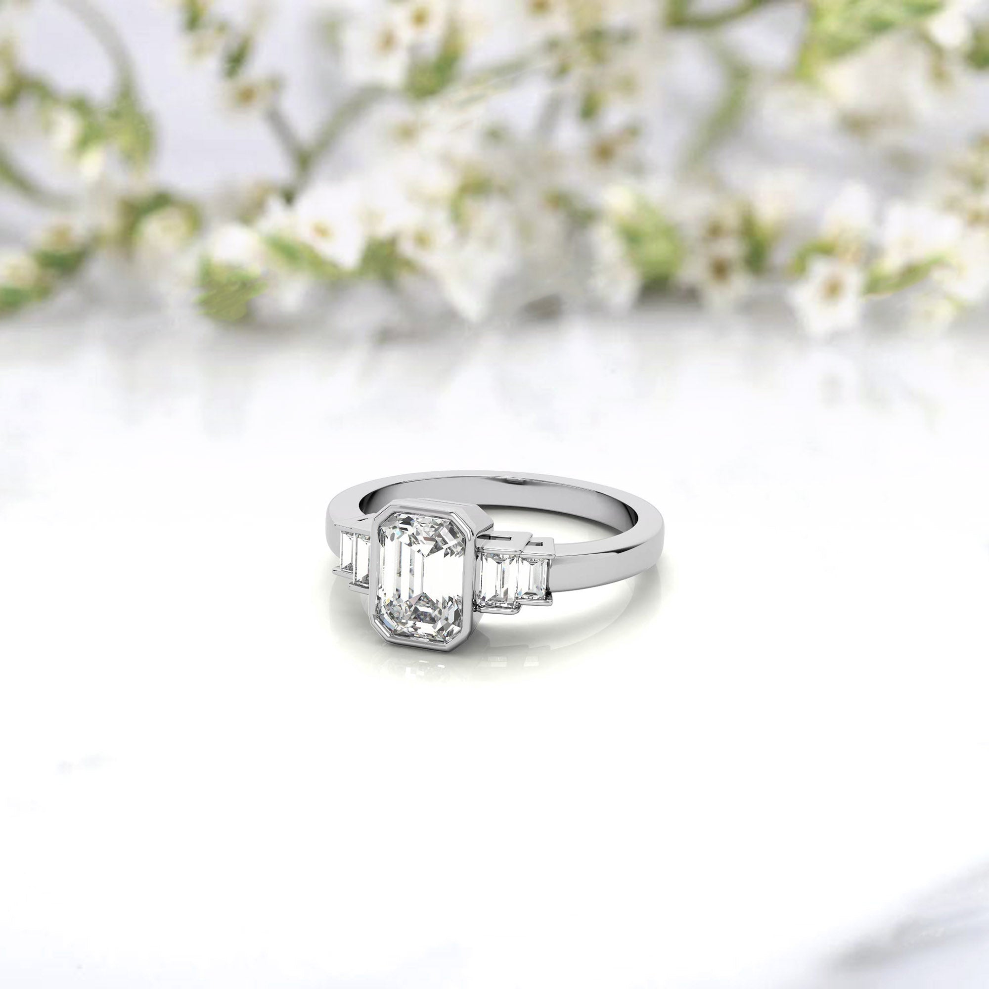 Sterling Silver Emerald-Cut Three-Stone Adjustable Engagement White Gold Ring For Woman