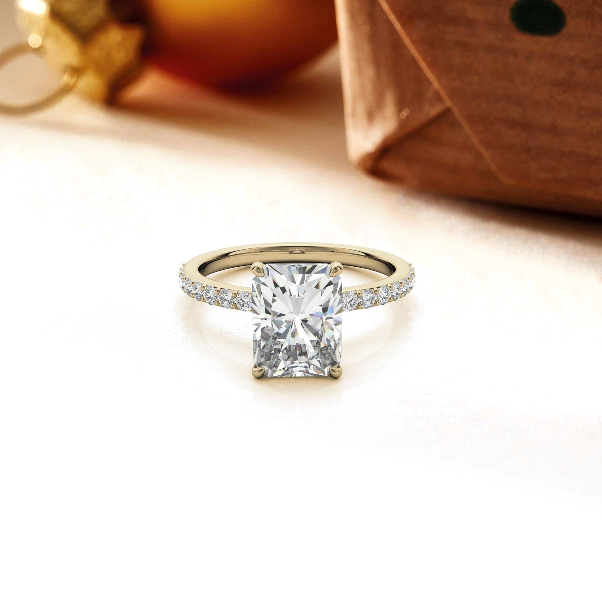 Adjustable Engagement Sterling Silver Yellow Gold Radiant Cut with Hidden Halo Design Ring For Woman