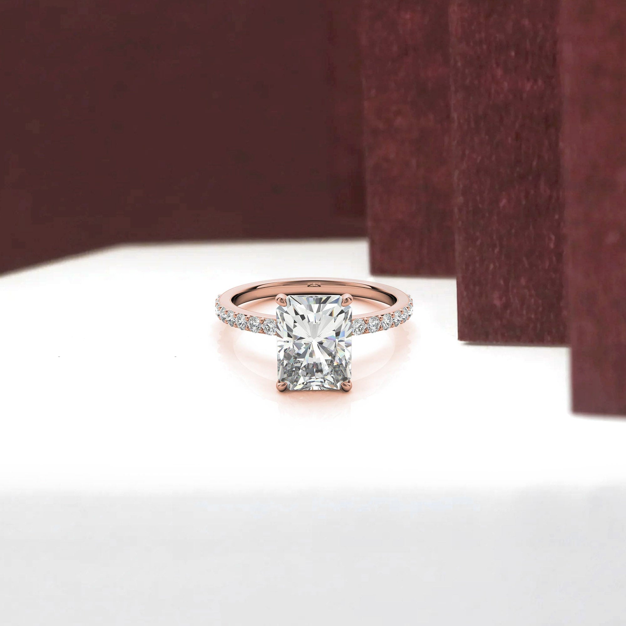 Adjustable Engagement Sterling Silver Rose Gold Radiant Cut with Hidden Halo Design Ring For Woman