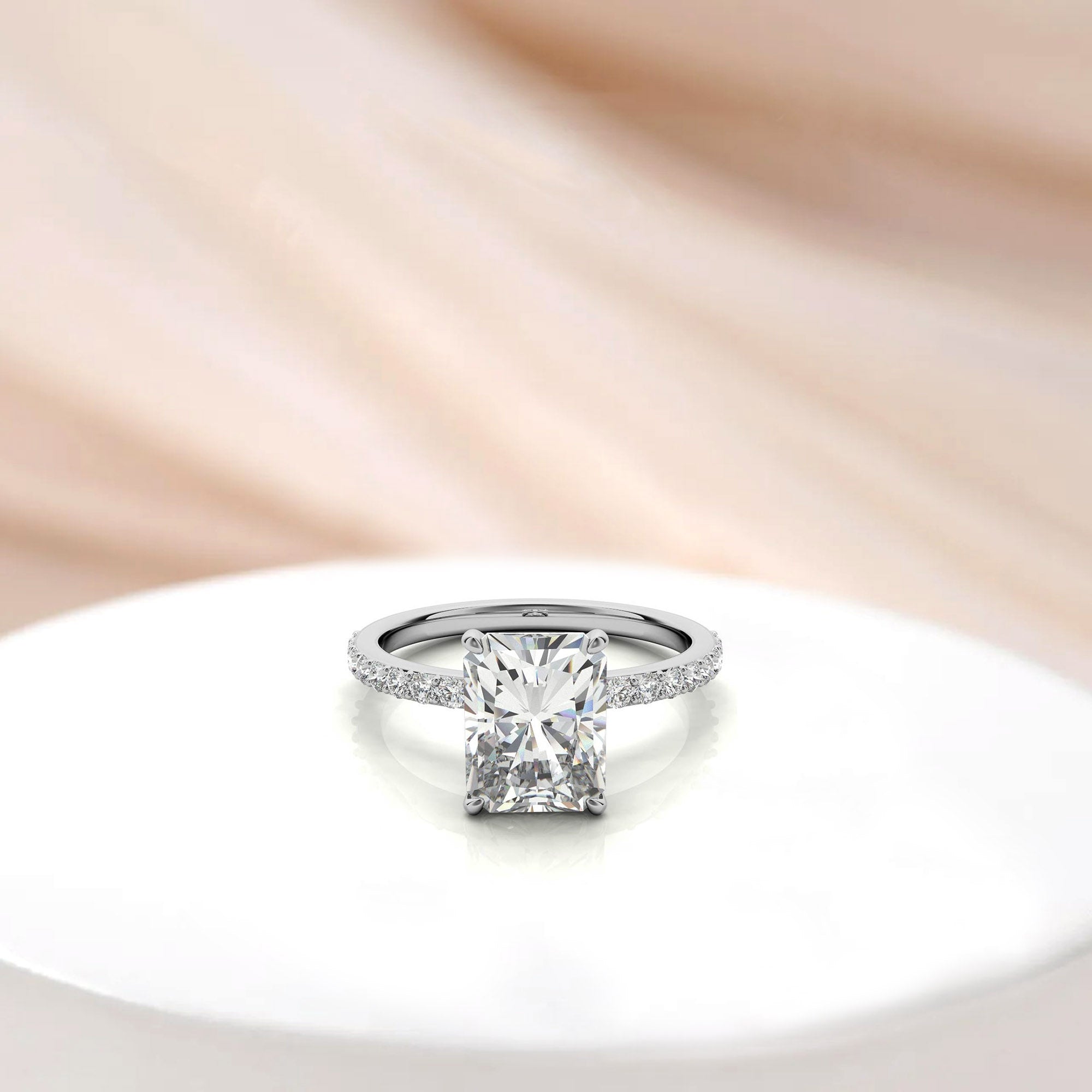 Adjustable Engagement Sterling Silver White Gold Radiant Cut with Hidden Halo Design Ring For Woman