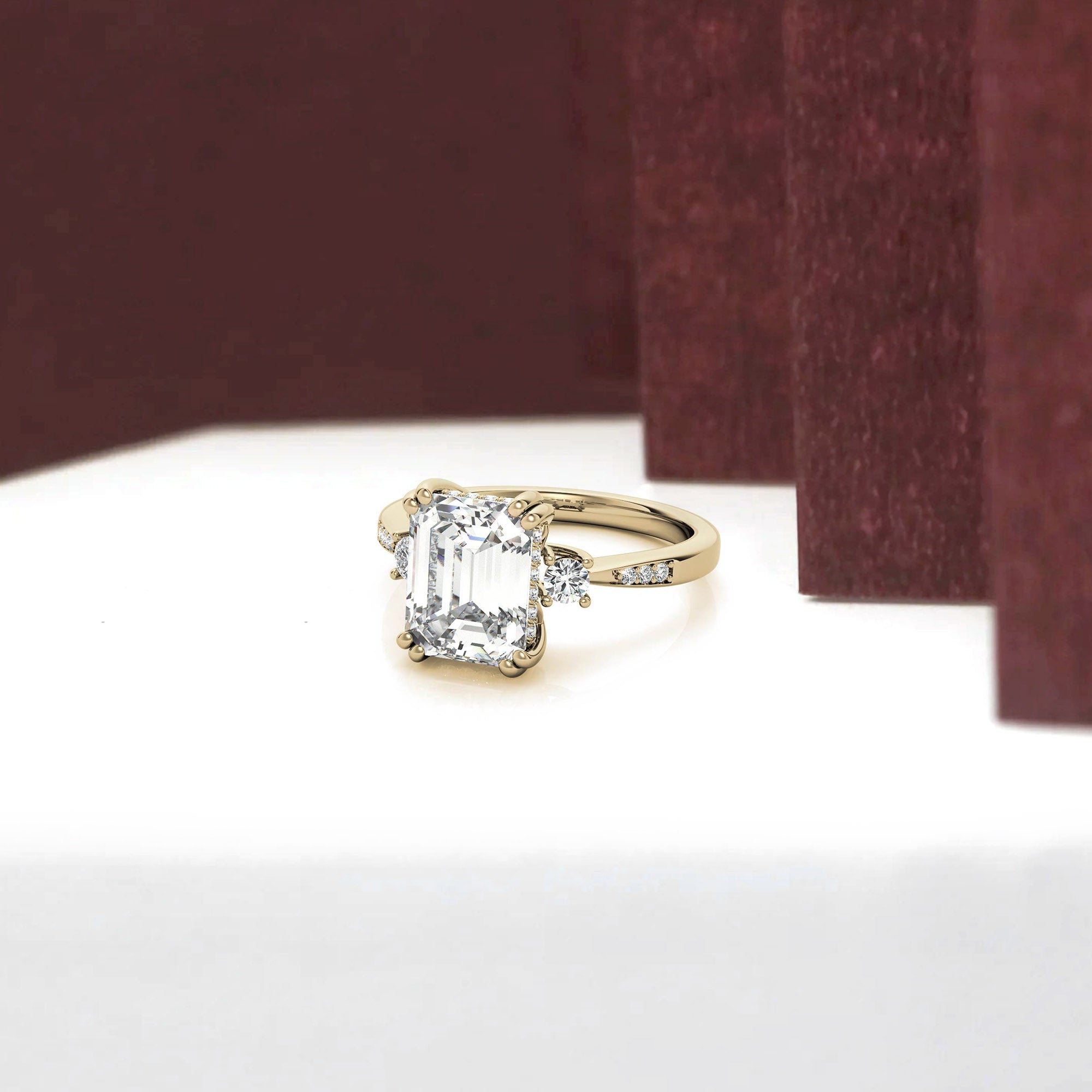 Emerald-Cut With Two Round Stones Yellow Gold Adjustable Sterling Silver Engagement Ring For Woman