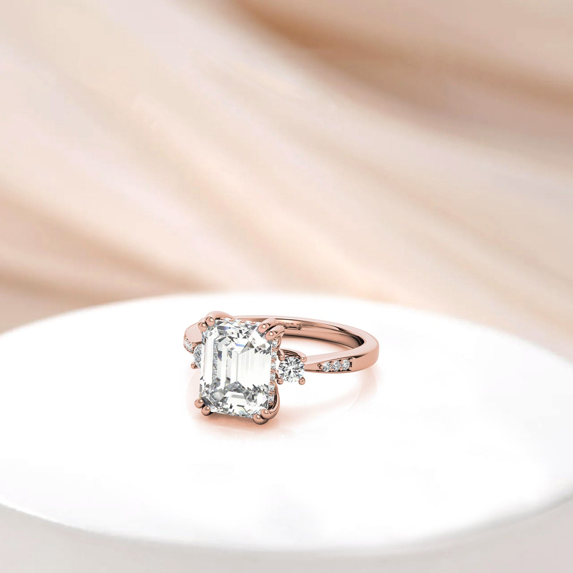 Emerald-Cut  With Two Round Stones Rose Gold Adjustable Sterling Silver Engagement Ring For Woman