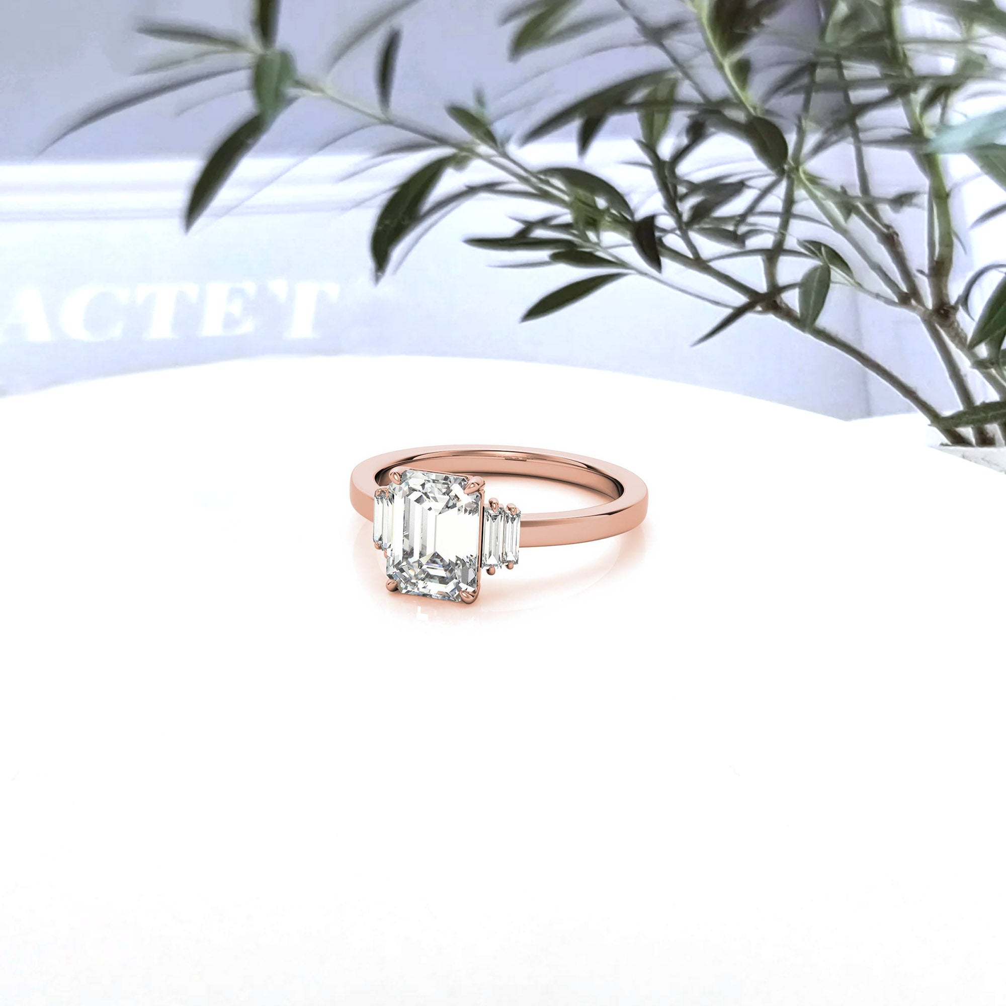 Sterling Silver Emerald-Cut Center Stone With Baguette Adjustable Engagement Rose Gold Ring For Woman