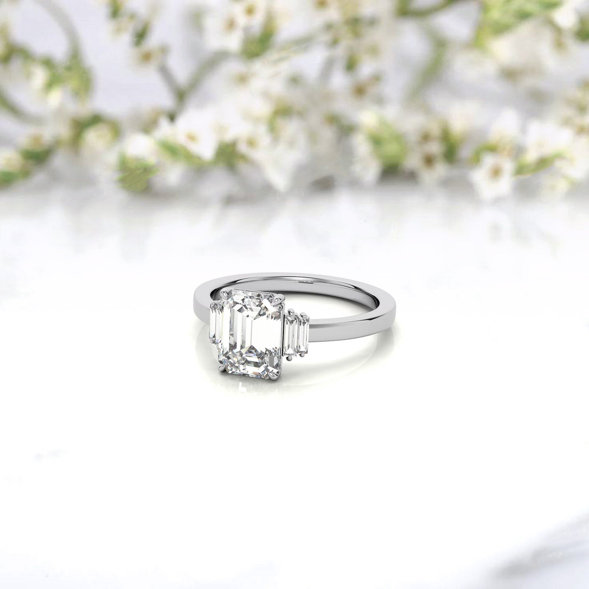Sterling Silver Emerald-Cut Center Stone With Baguette Adjustable  Engagement White Gold Ring For Woman