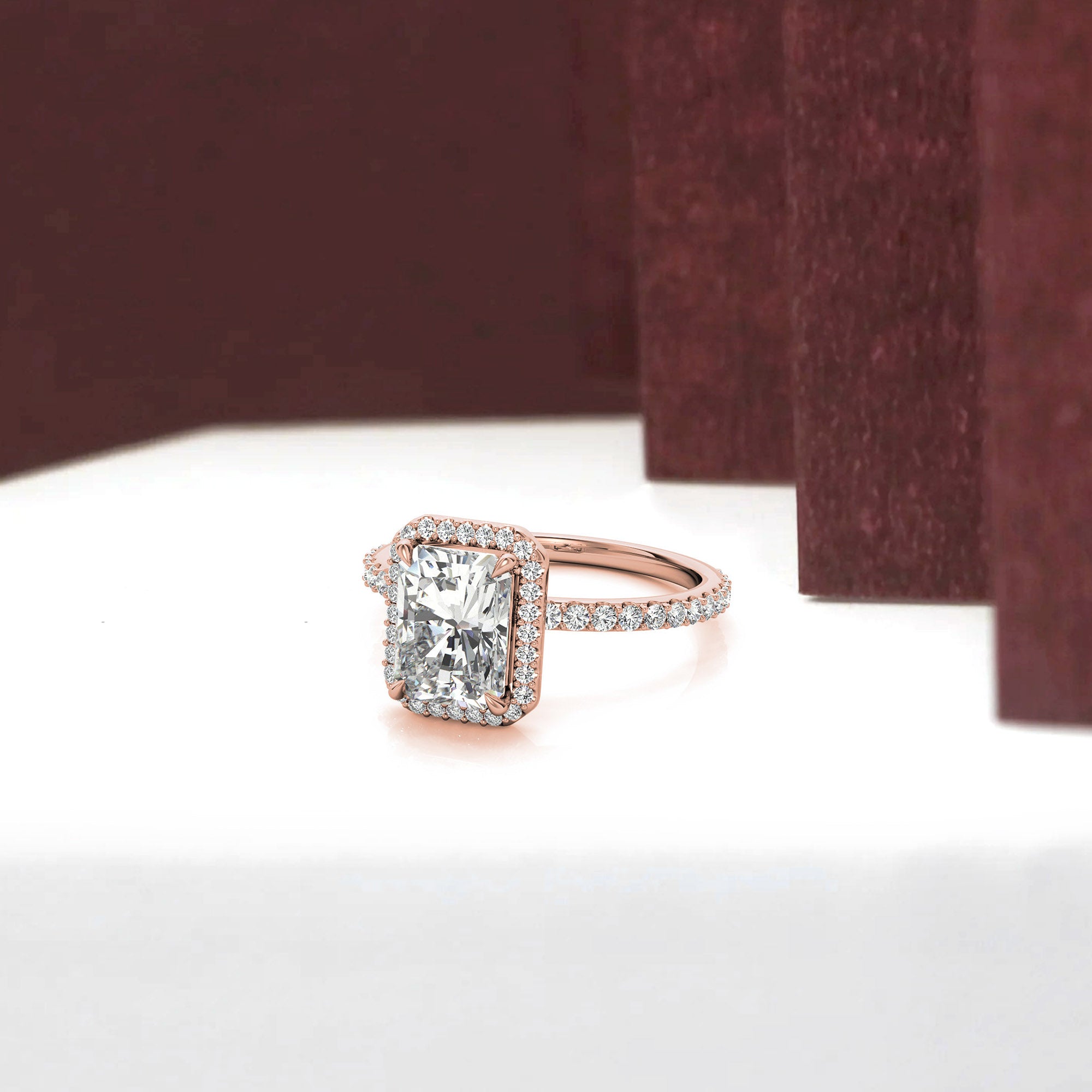 Adjustable Sterling Silver Elegant Rose Gold Radiant-Cut Halo Ring Perfect for Engagement