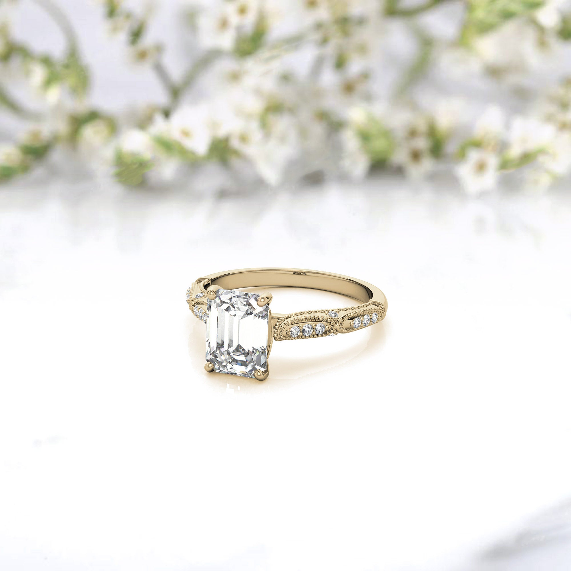 Sterling Silver Emerald-Cut Adjustable Vintage Yellow Gold Engagement Ring Perfect for Wedding Proposal