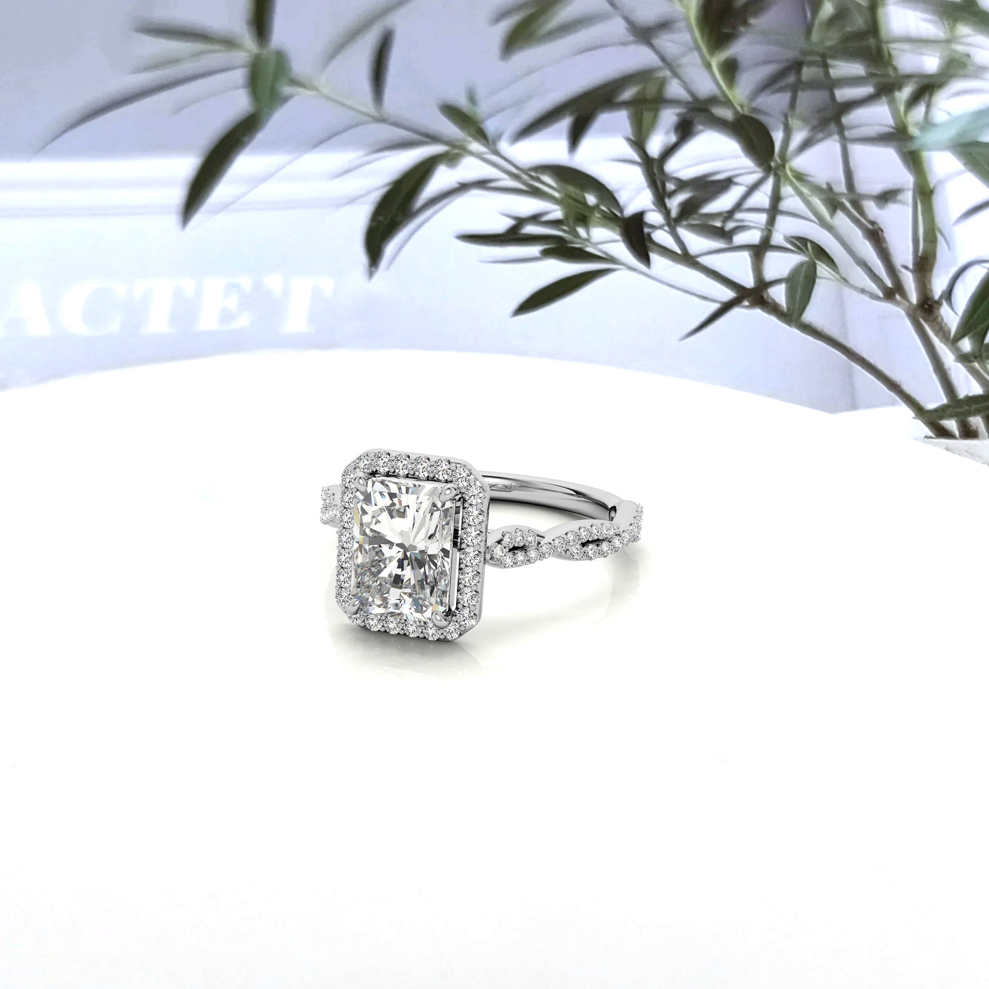 Sterling Silver Radiant Halo Twisted Band Adjustable Elegant White Gold Ring – Perfect for Engagement