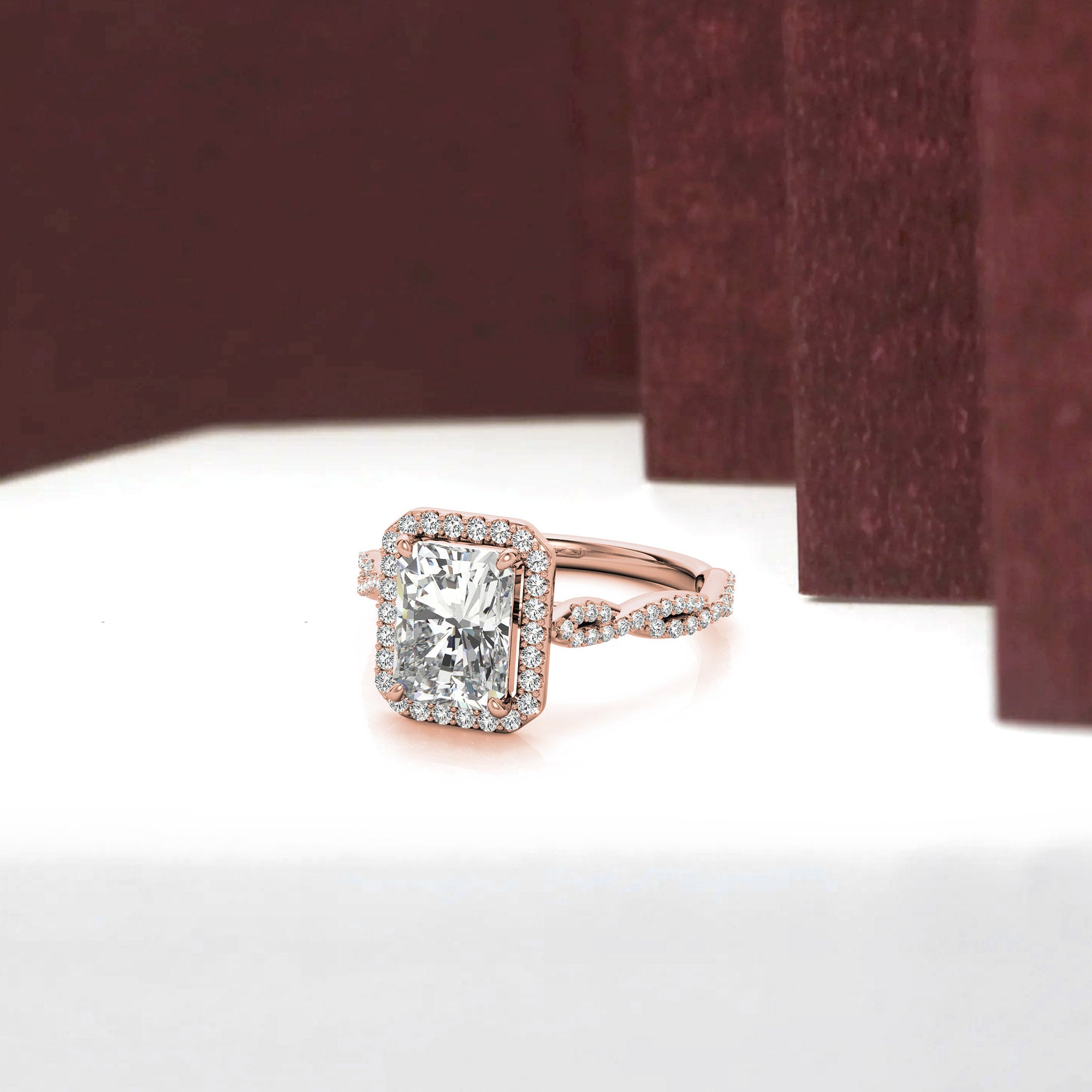 Sterling Silver Radiant Halo Twisted Band Adjustable Elegant Rose Gold Ring – Perfect for Engagement