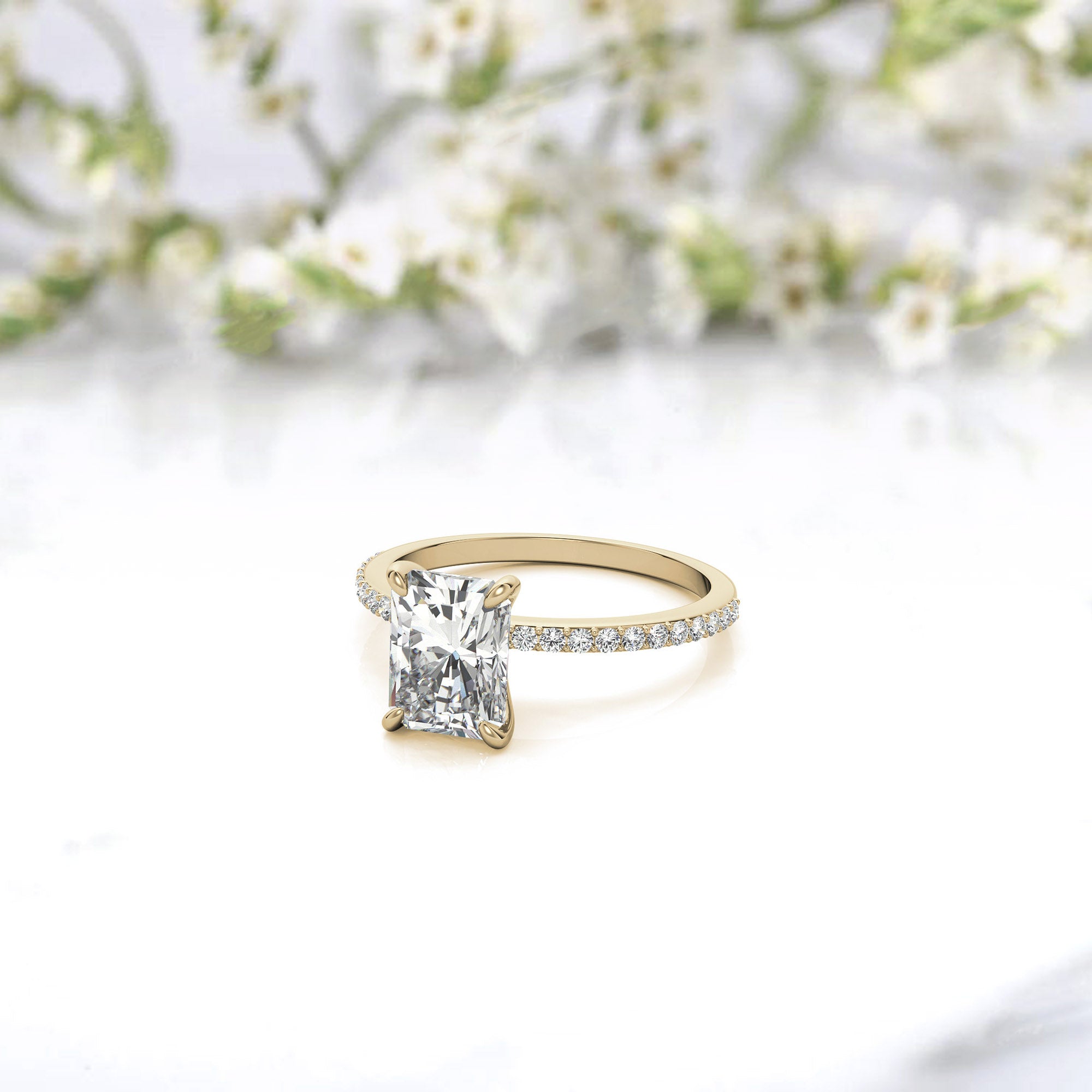 Adjustable Radiant Cut Solitaire Sterling Silver Yellow Gold-Plated Engagement Ring with Pave Band – Perfect for Special Occasions