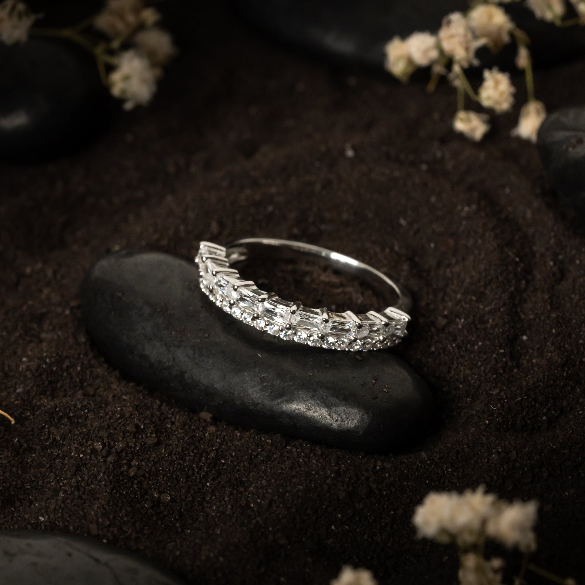 White Gold Silver Eternity Dual-Row Adjustable Baguette Round Cut Ring For Woman