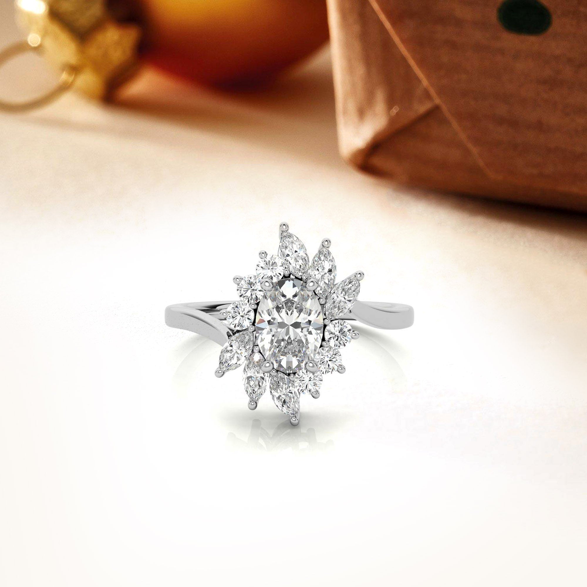 Stunning Adjustable Oval Halo Ring | Sterling Silver with White Gold Plating