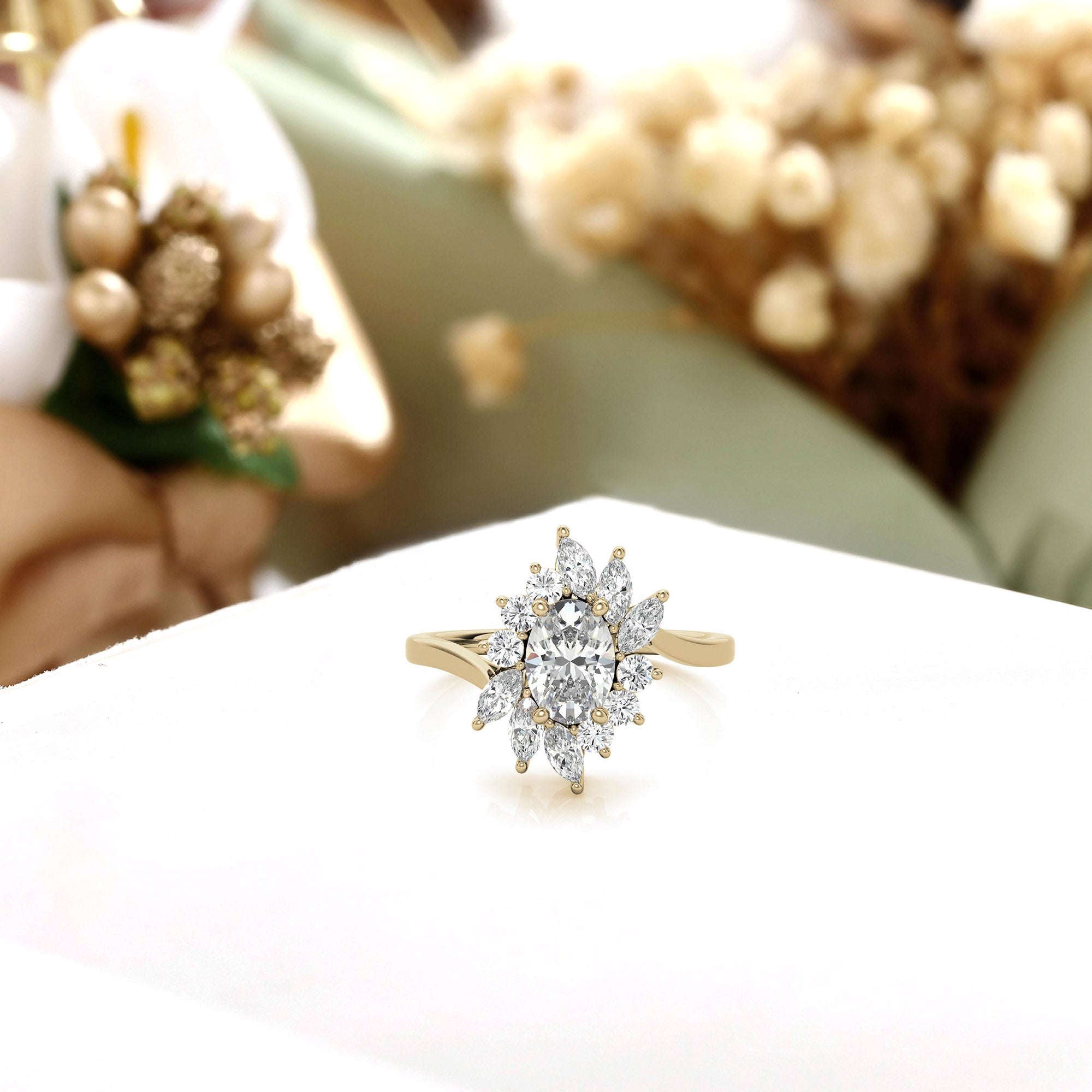 Stunning Oval Halo Ring - Adjustable Sterling Silver with Yellow Gold Plating