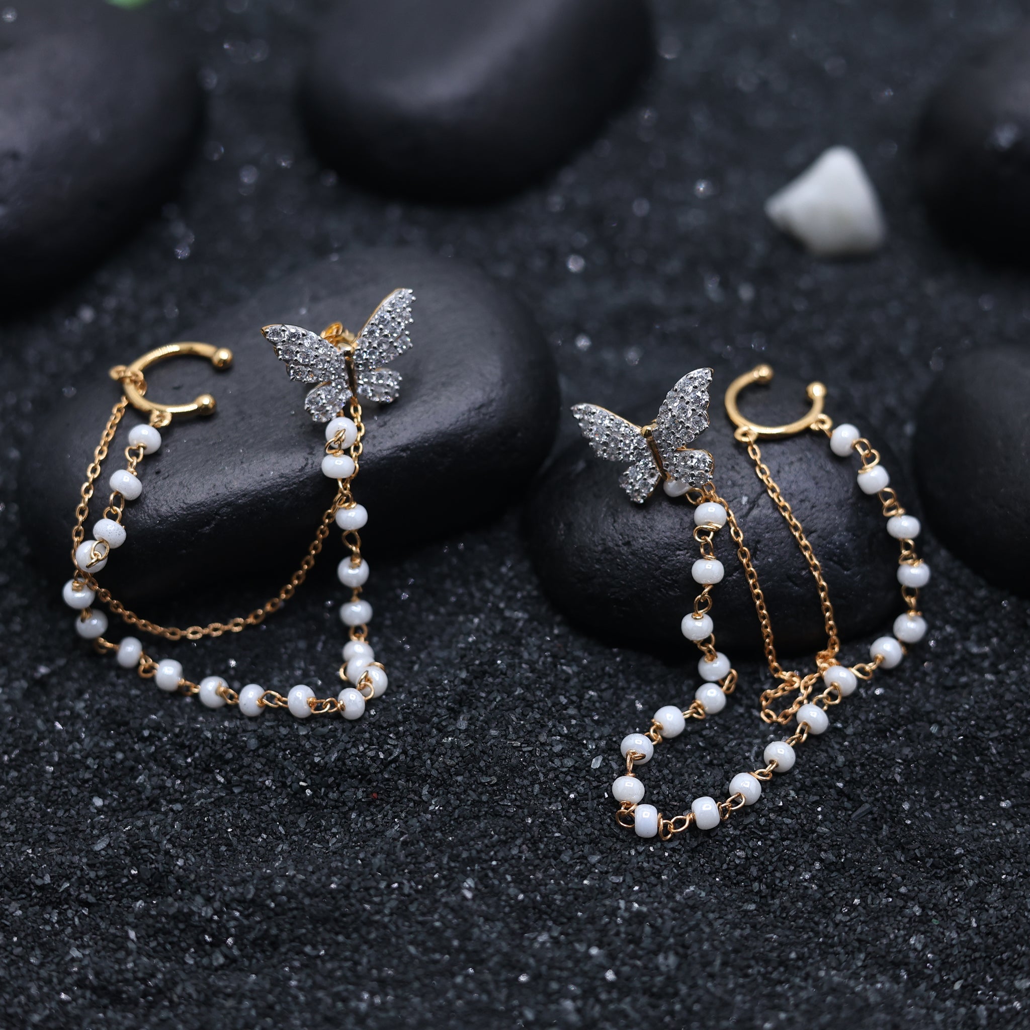 Silver Pearl Accent Crystal Butterfly Chain Yellow Gold Cuff Earrings For Woman