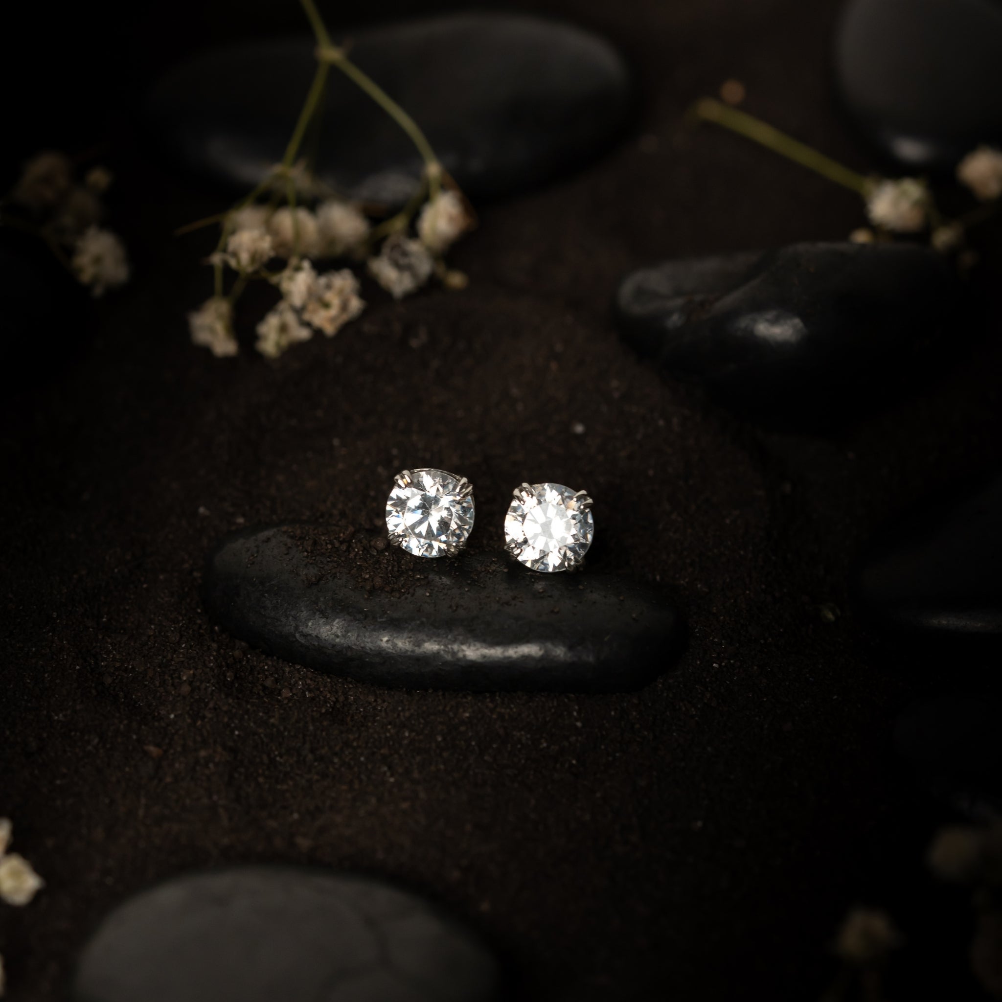 Round Solitaire White Gold Silver Double 4-Prong Claw Earring For Woman
