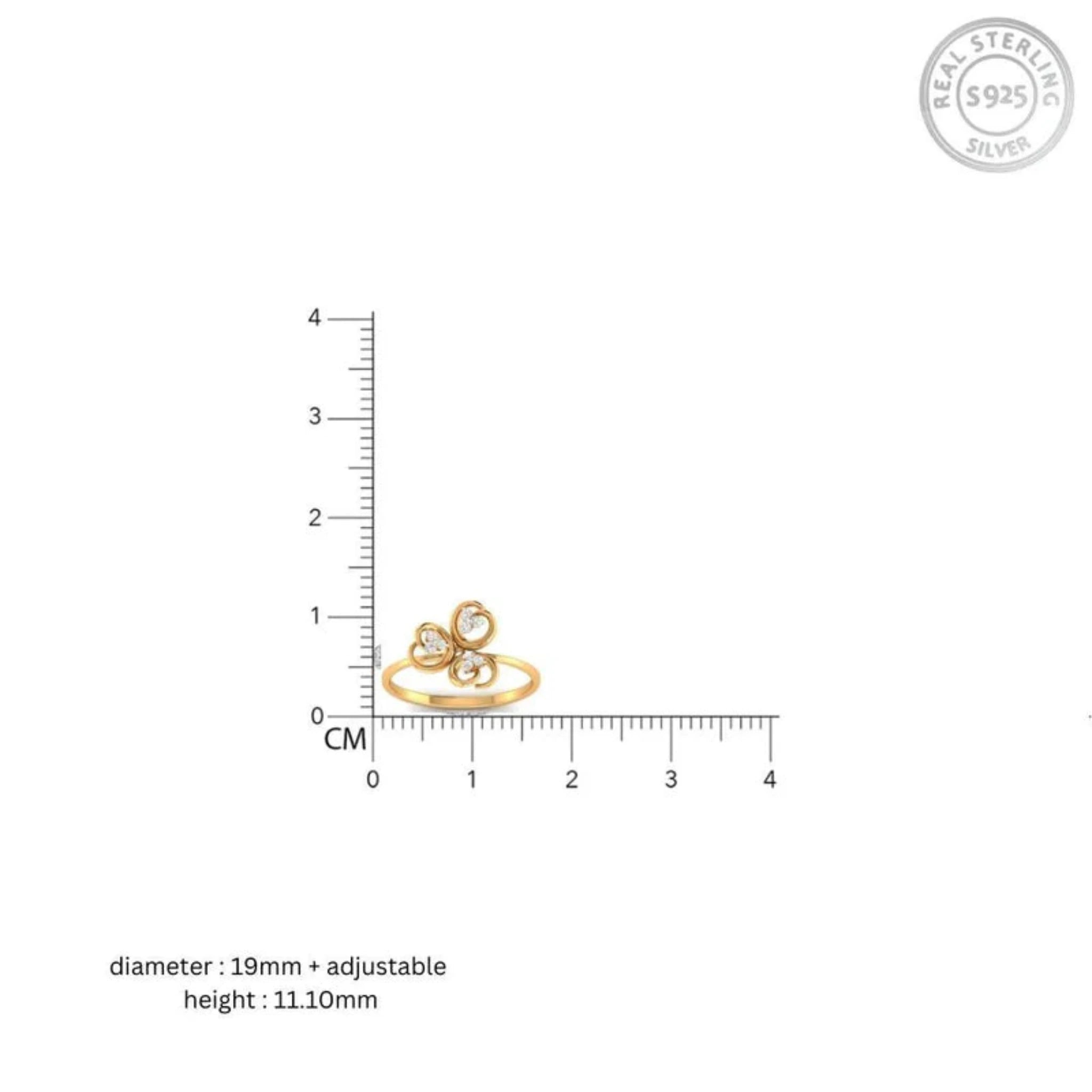 Yellow Gold Adjustable Silver Twirl Triple Heart Ring For Woman