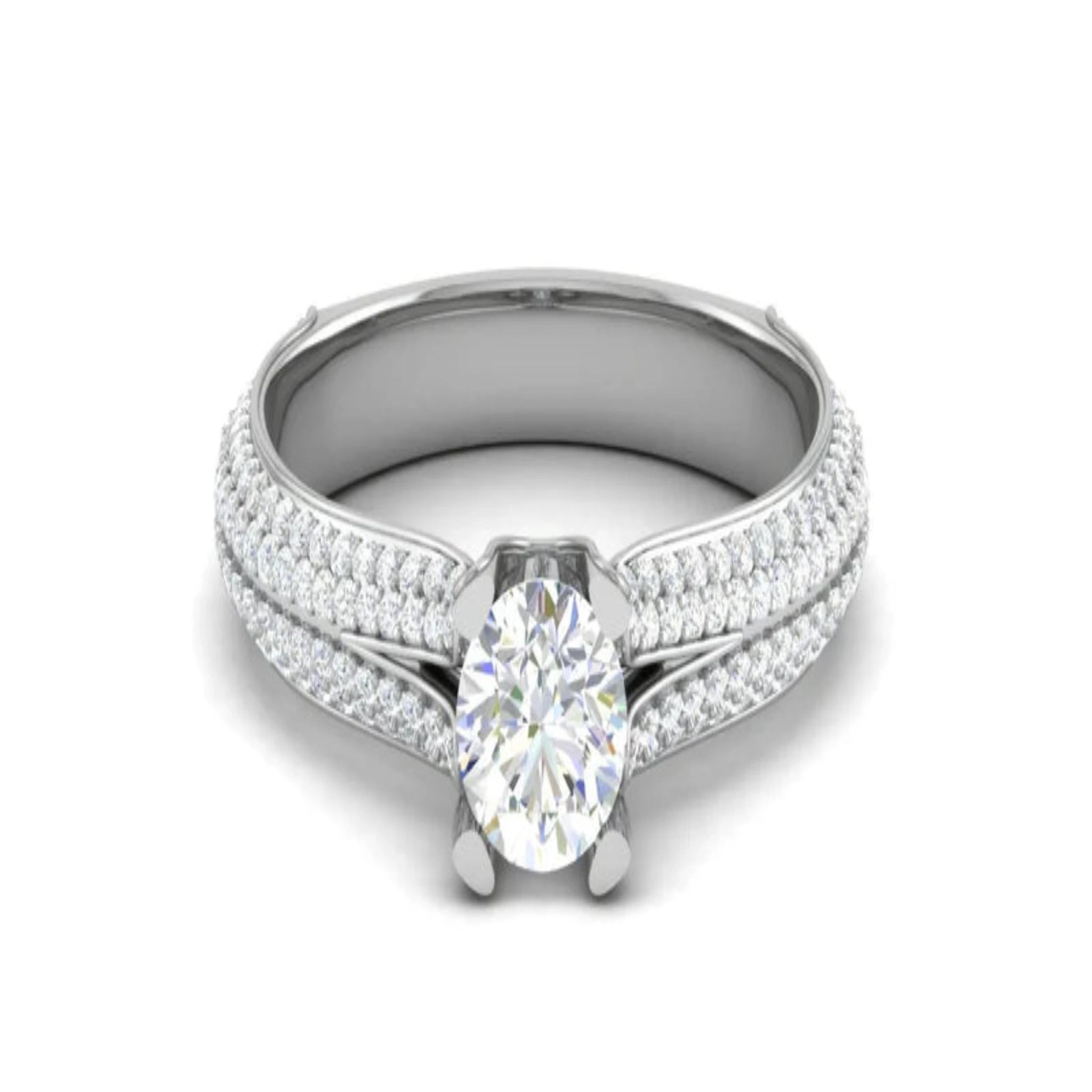 White Gold Adjustable Silver Split Shank Pave Stone Diamond Ring For Woman