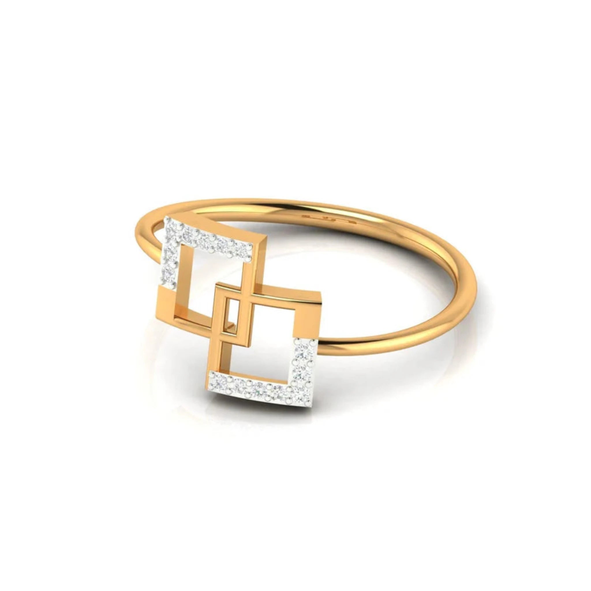 Yellow Gold Adjustable Silver Interlocking Square Motifs Accent Diamond Ring For Woman