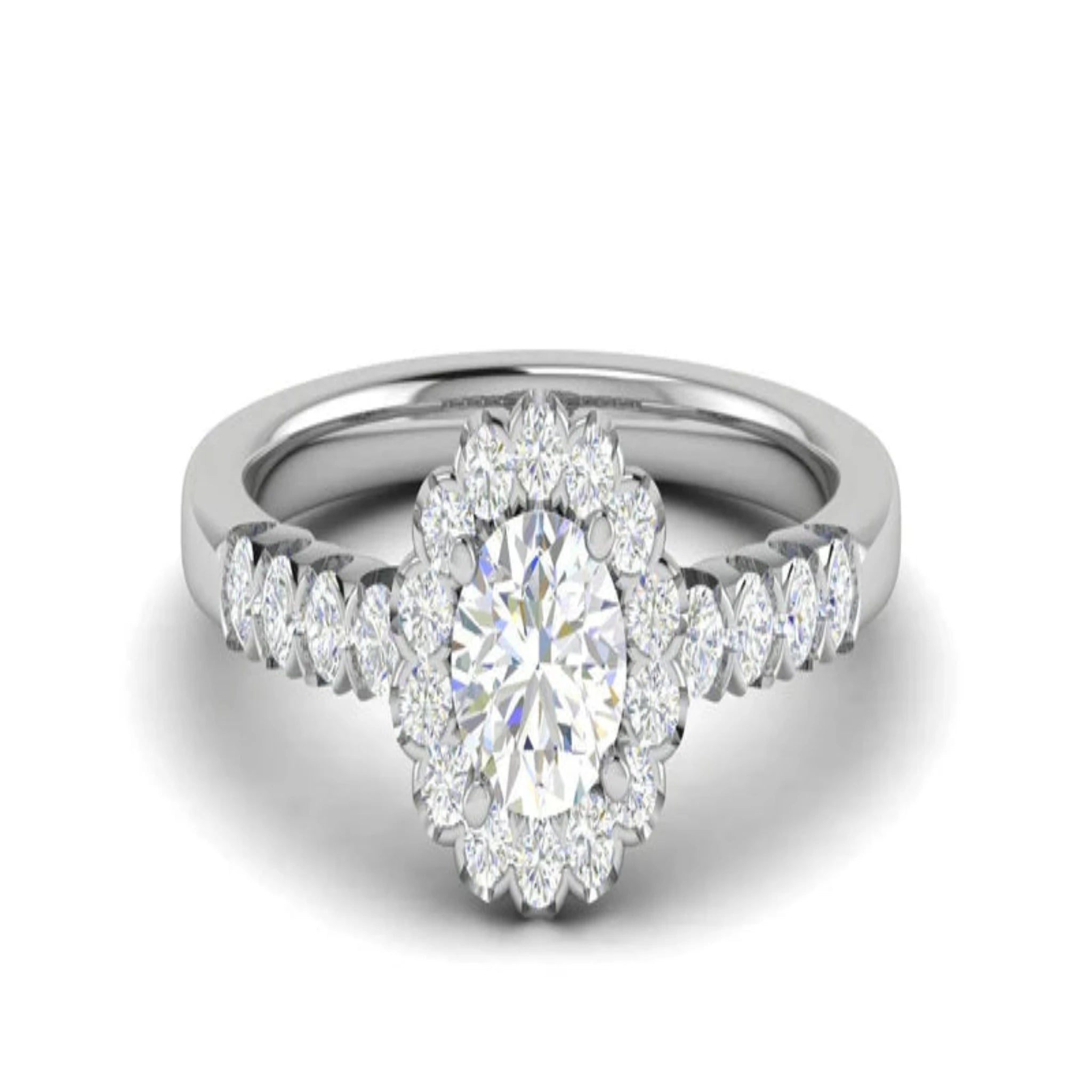 White Gold Adjustable Silver Radiant White Round-Cut Center Halo Blossom Ring For Woman